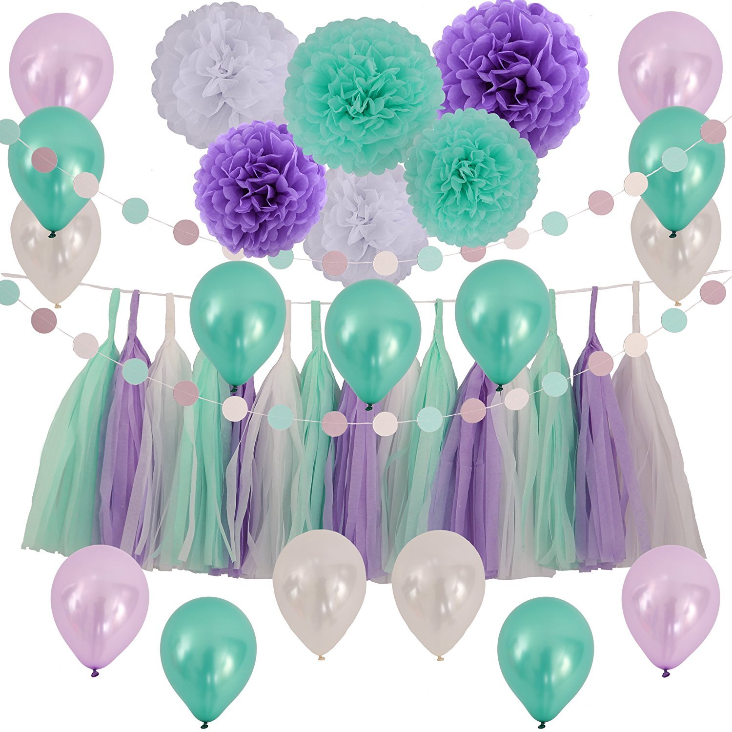 LyButty 83 Pieces Tissue Paper Pom Poms Flowers Tissue Tassel Garland Polka Dot Garland and Party Balloons Kit for Party Decorations Birthday Engagement Wedding-Mint Green Purple White