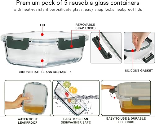 Miniatura 4 de Brieftons Recipientes de vidrio para preparación de comidas: paquete de 5, 35 onzas con tapas herméticas, a prueba de fugas, perfectos para