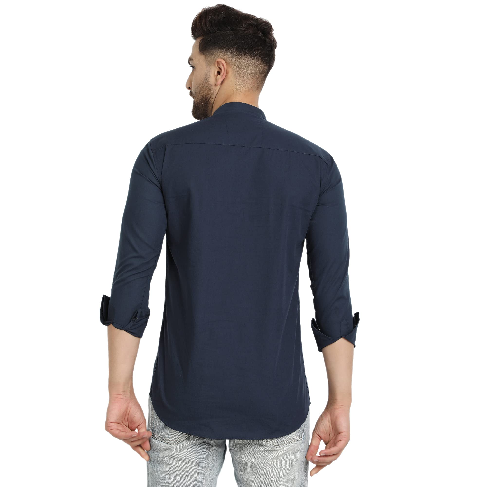 Majestic Man Cotton Slim Fit Solid Casual Short Kurta for Men (Medium, Navy Blue) 3