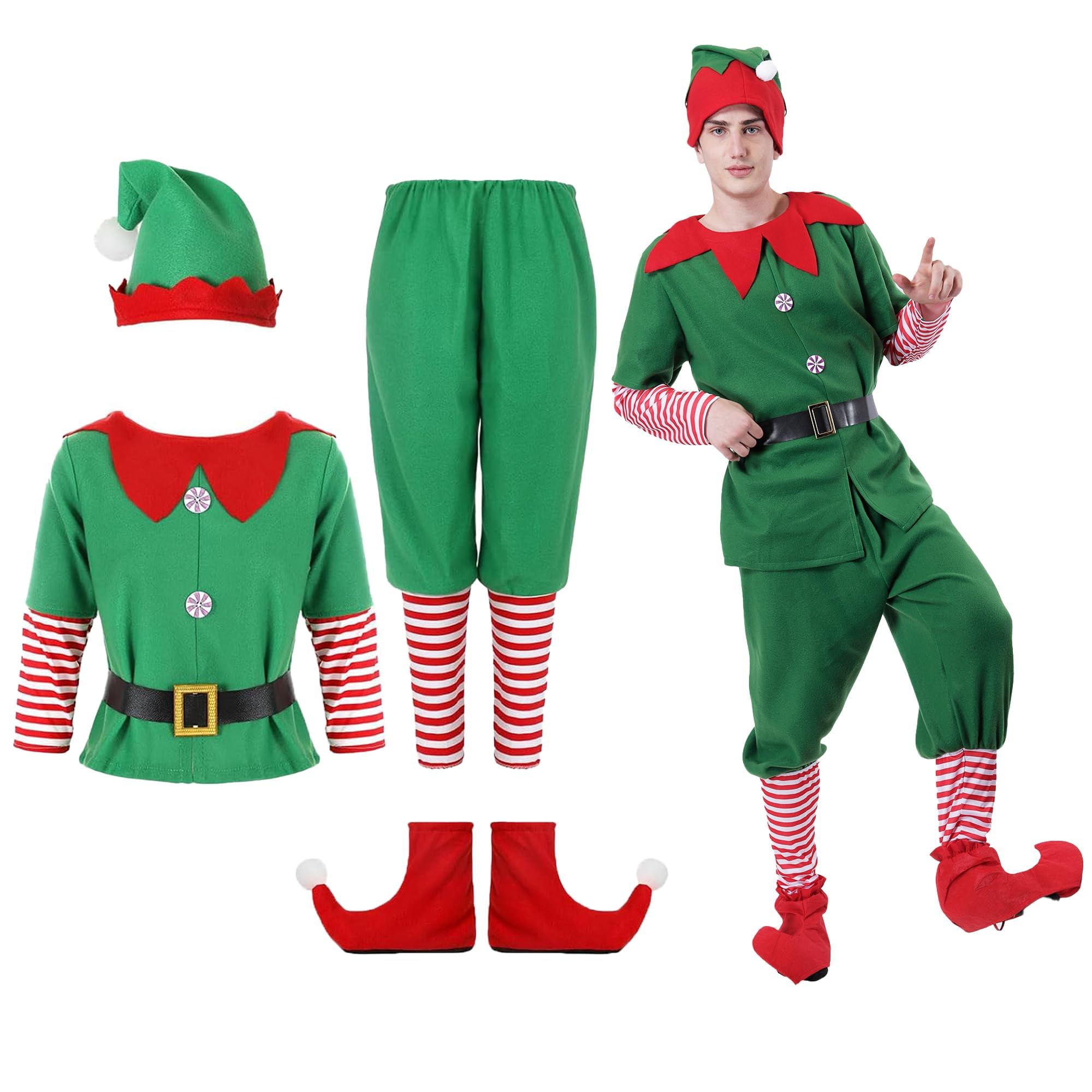 Carnavalife Disfraz Elfo Duende Navidad, Christmas costume, Conjunto Navidad Adulto y Niños, Traje Ayudante Papanoel
