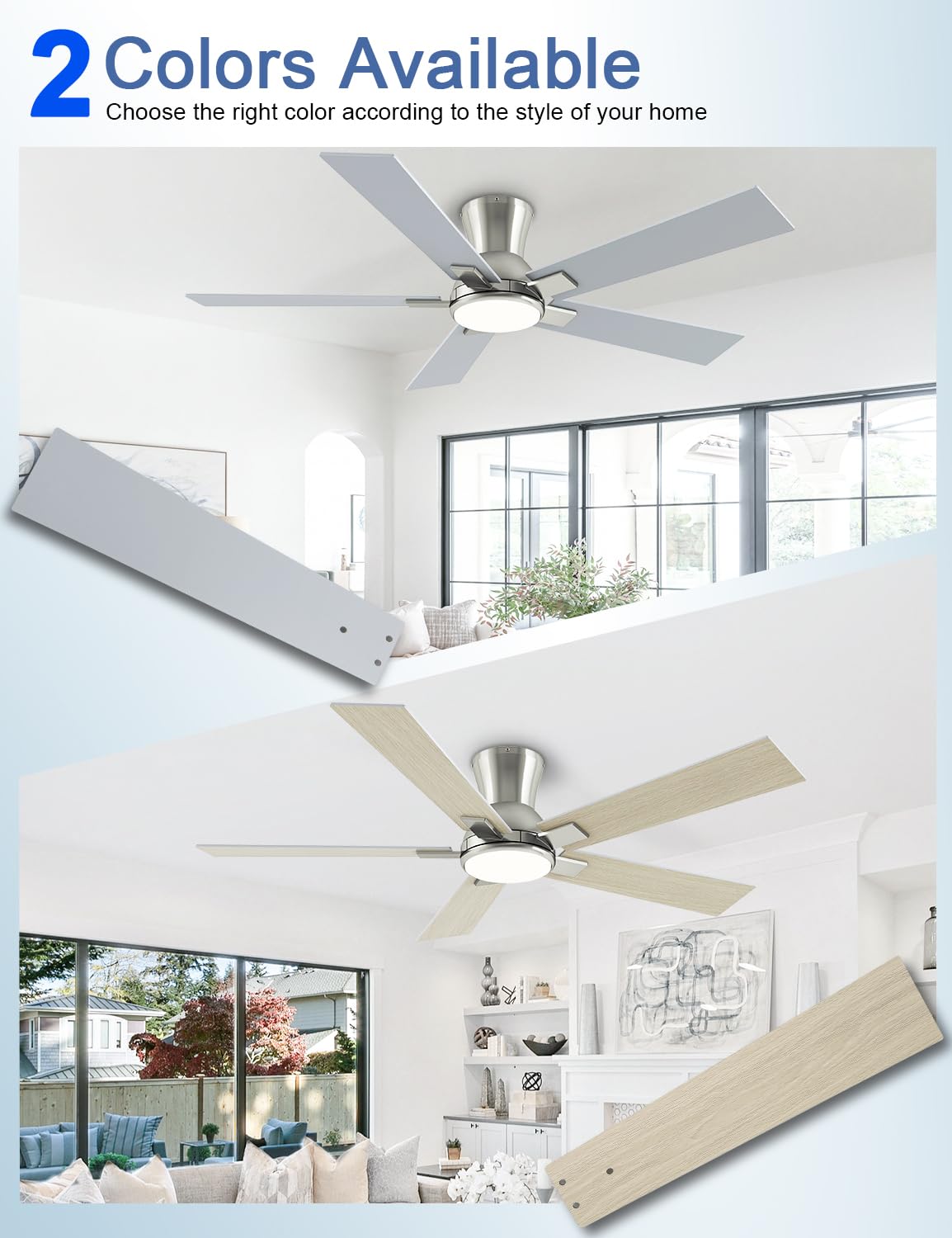 52 Inch Ceiling Fans with Lights and Remote Brushed Nickel Flush Mount Low Profile Ceiling Fan for Bedroom — view 8