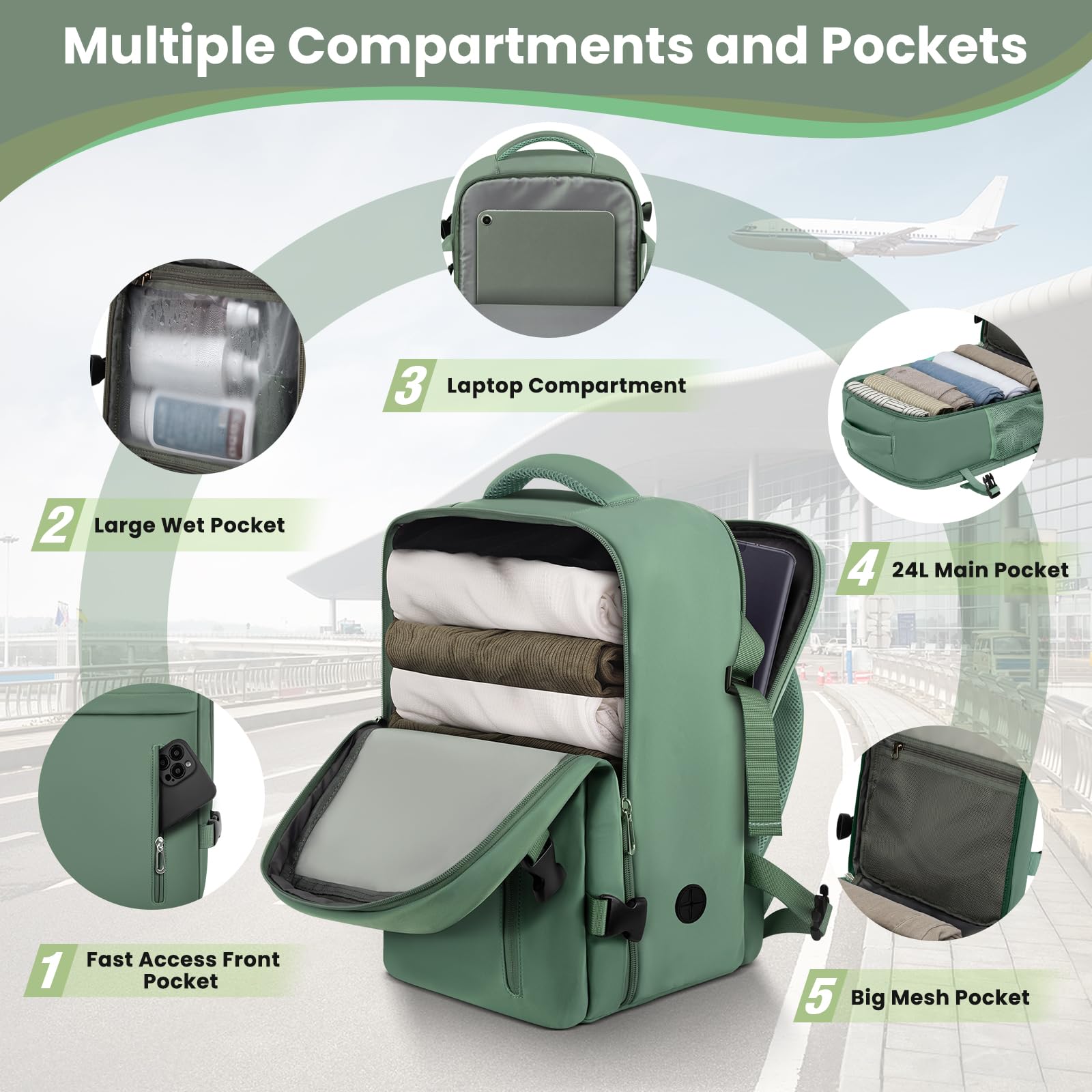 OTAHGK Bagage Cabine 40 x 30 x 20 pour Ryanair, Sac à Dos de Voyage Bagage à Main Avion Sac à Main sous Le Siège Valise Décontracté École Bureau Sac Ordinateur Portable -Vert