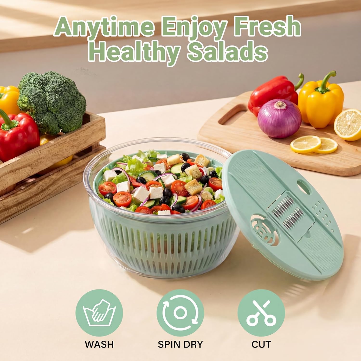 4-Pack Large Salad Spinner and Slicer - 5.3 Qt, 3 IN 1 Large Vegetables & Fruits Wash Bowl, Lettuce Washer Spinne with 5 Blade Slicer Egg Yolk Strainer, Bowl for Efficient Salad Preparation (Green)