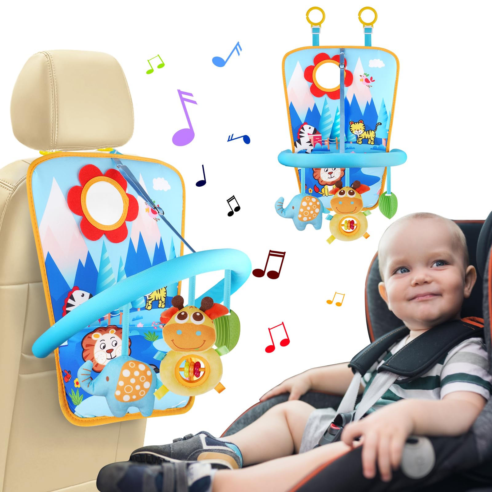 HOTUT Baby Car Seat Toy, Car Seat Activity Toy for 6-12 Months, Baby Travel Toys for Car, Pram Toys, Rear Facing Car Seat Toy with Mirror/Squeaker/Teethers, Non-Toxic, Developmental Toys - Lion