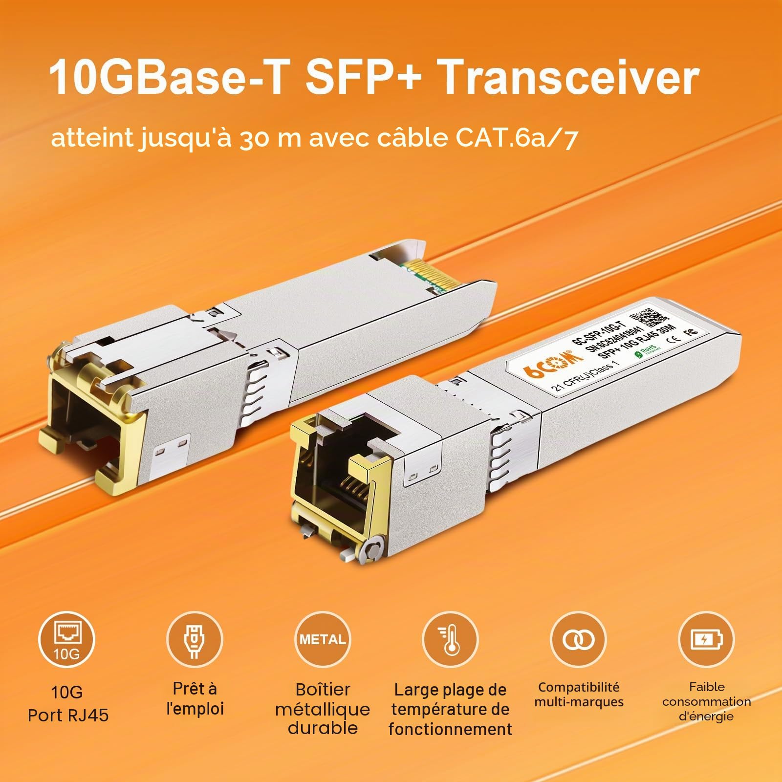 1 pièce 10G SFP+ RJ45 module cuivre, 10GBase-T SFP+ à RJ45 Transceiver, CAT6A/CAT7, 30m, échangeable à chaud, Compatible avec Cisco SFP-10G-T-S/Ubiquiti UF-RJ45-10G/MikroTik S+RJ10/D-Link (1