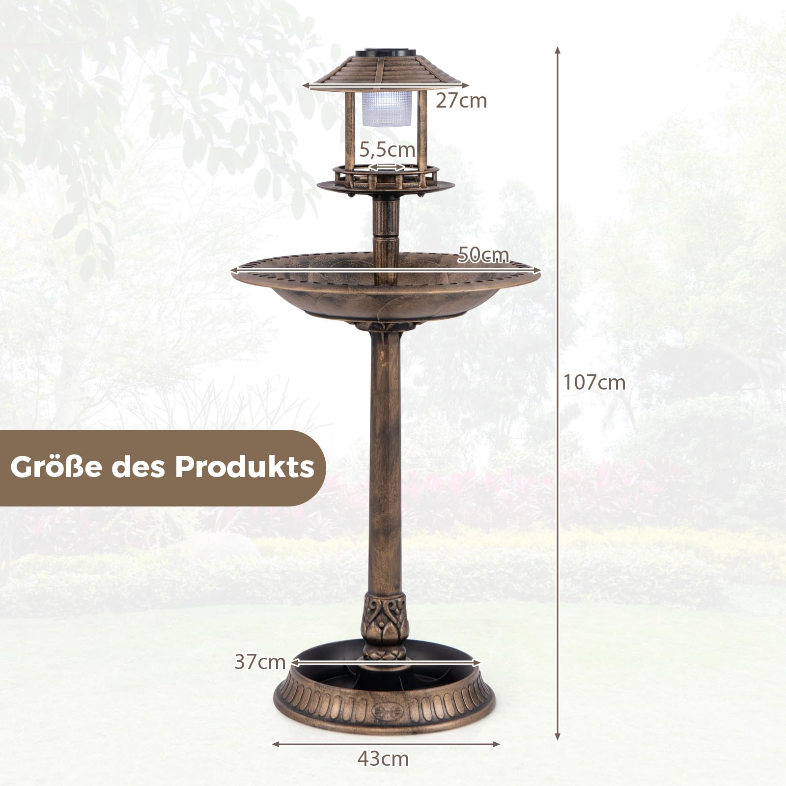 COSTWAY Vogeltränke mit Solarleuchte, Blumentopf, Vogelfutterhaus & Ständer, Vogelfutterstation Retro, Futterspender Vogelfutterspender, Wildvögel Vogelbad Garten, Ø50x107cm (Bronze)
