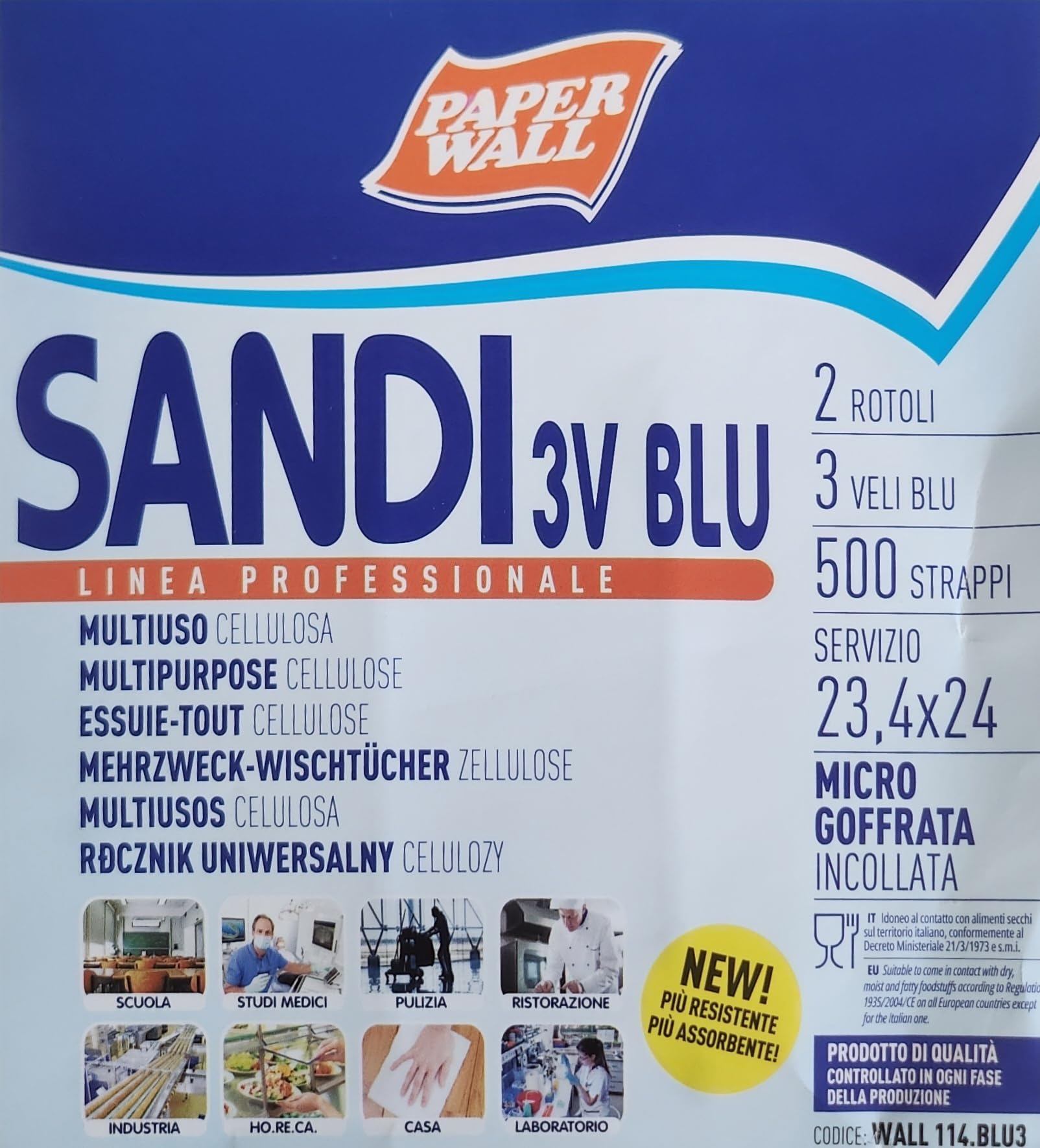 Sandi Rotoloni Carta Industriale, 3 Veli Blu, Goffrata, 2 Rotoli da 500 Strappi, Pura Cellulosa