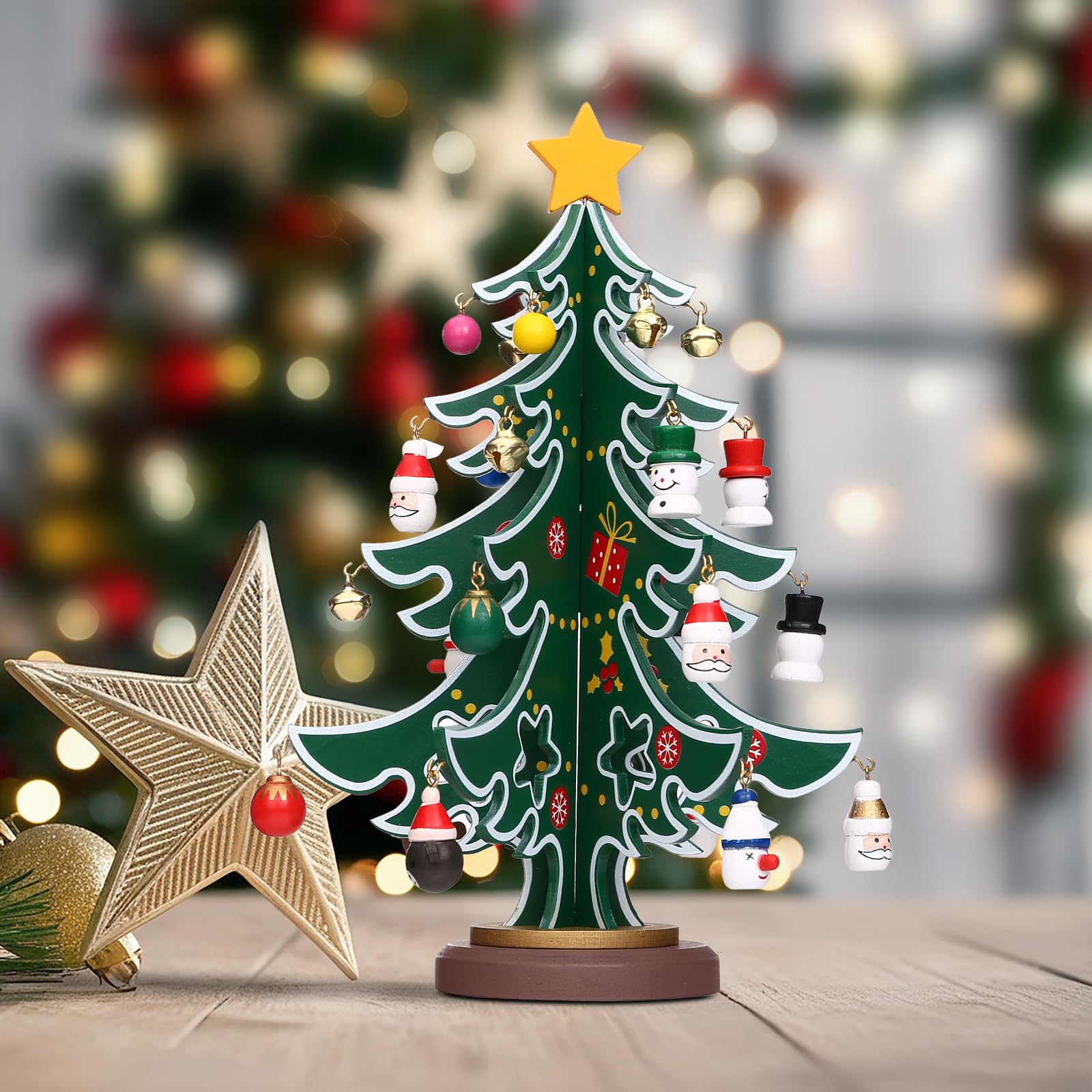 LIHAO Kalendarz adwentowy 2025 Mini choinka drewniana Christmas Tree z 24 zawieskami Kreatywny kalendarz adwentowy Drzewko choinkowe Dekoracja do DIY choinki dla dzieci