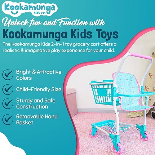 Miniatura 6 de KOOKAMUNGA KIDS Carrito de compras de juguete con cesta de mano extraíble  Carrito de comestibles realista 2 en 1 para niños con soporte de asiento