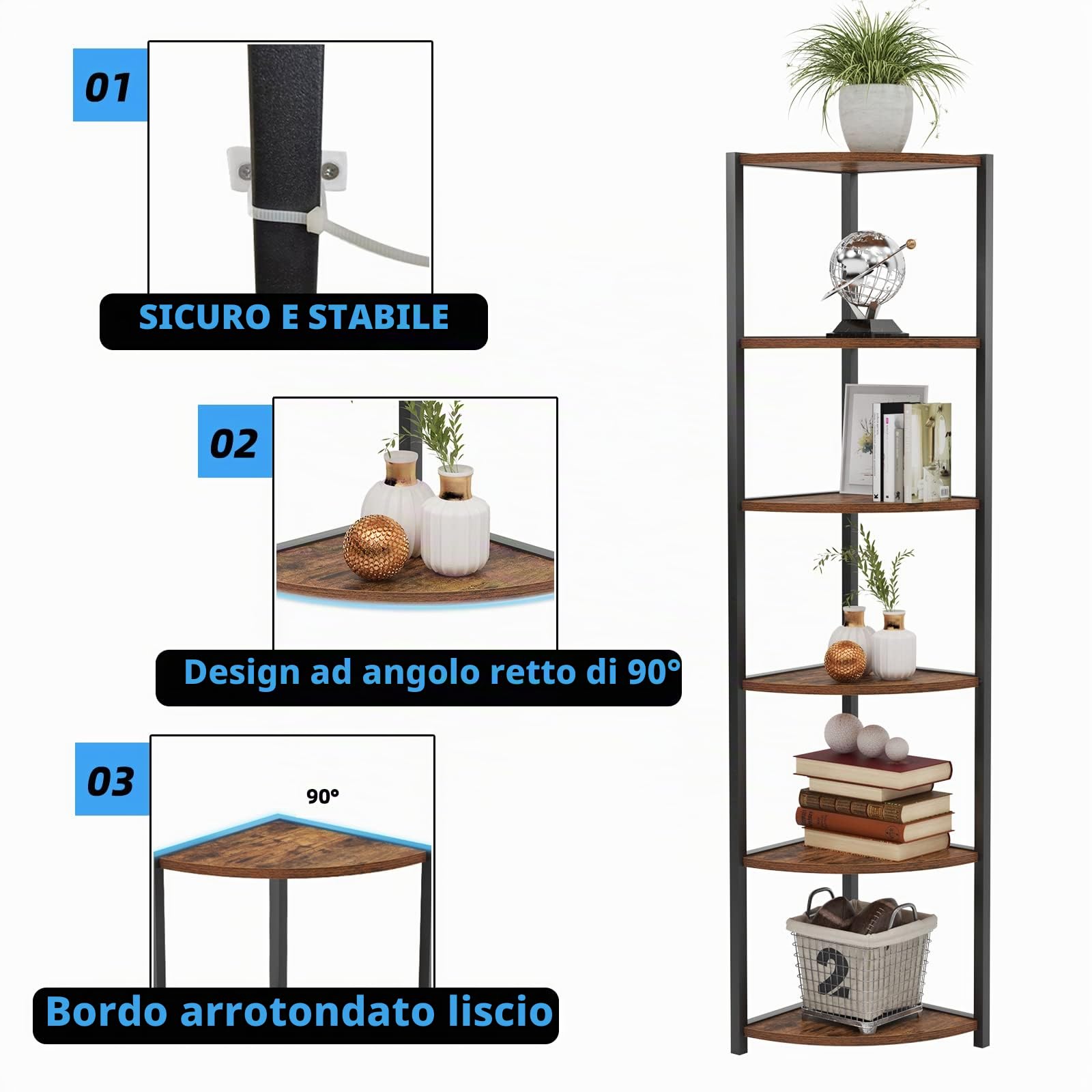 soges Scaffale angolare a 6 ripiani ad angolo autoportante, altezza 165 cm, telaio in metallo, espositore da parete, mensola portaoggetti