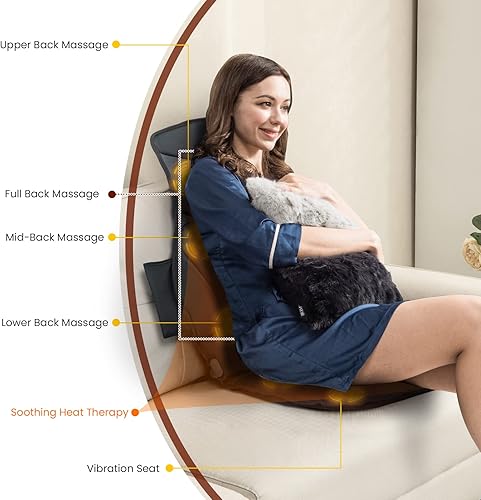 Miniatura 4 de Wellhut Cojín de masaje de espalda con calor, 10 nodos de masaje de vibración, 2 almohadillas de calefacción, 3 velocidades opcionales, alivio del
