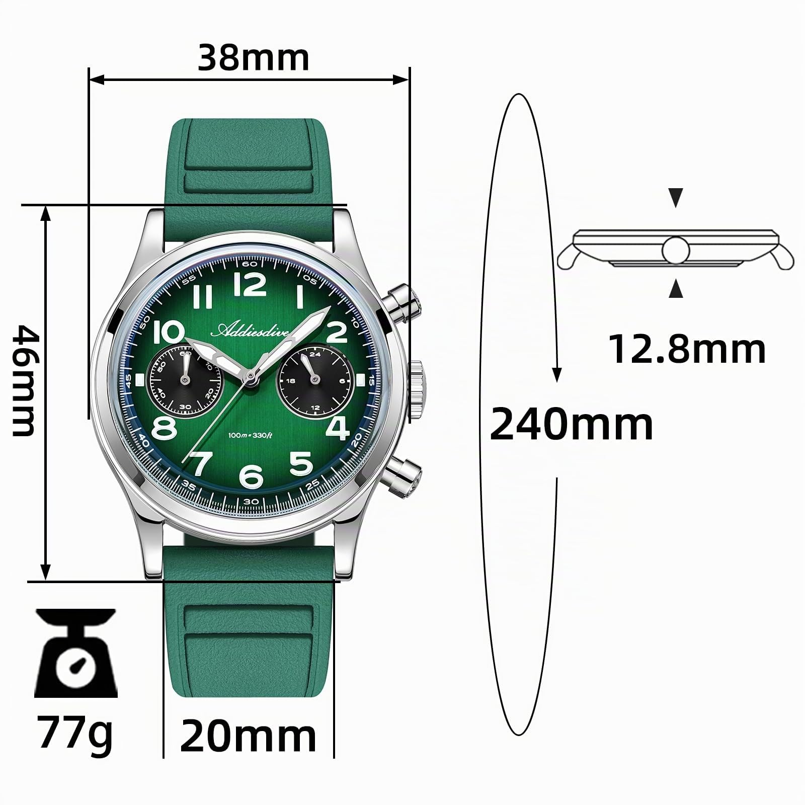 ADDIESDIVE 38 MM Orologio Uomo VK64 Movimento Cronografo FKM Cinturino in Gomma Fluorata Quadrante Panda Analogico Luminoso 100 M Impermeabile AD2516 Sportivo Casual