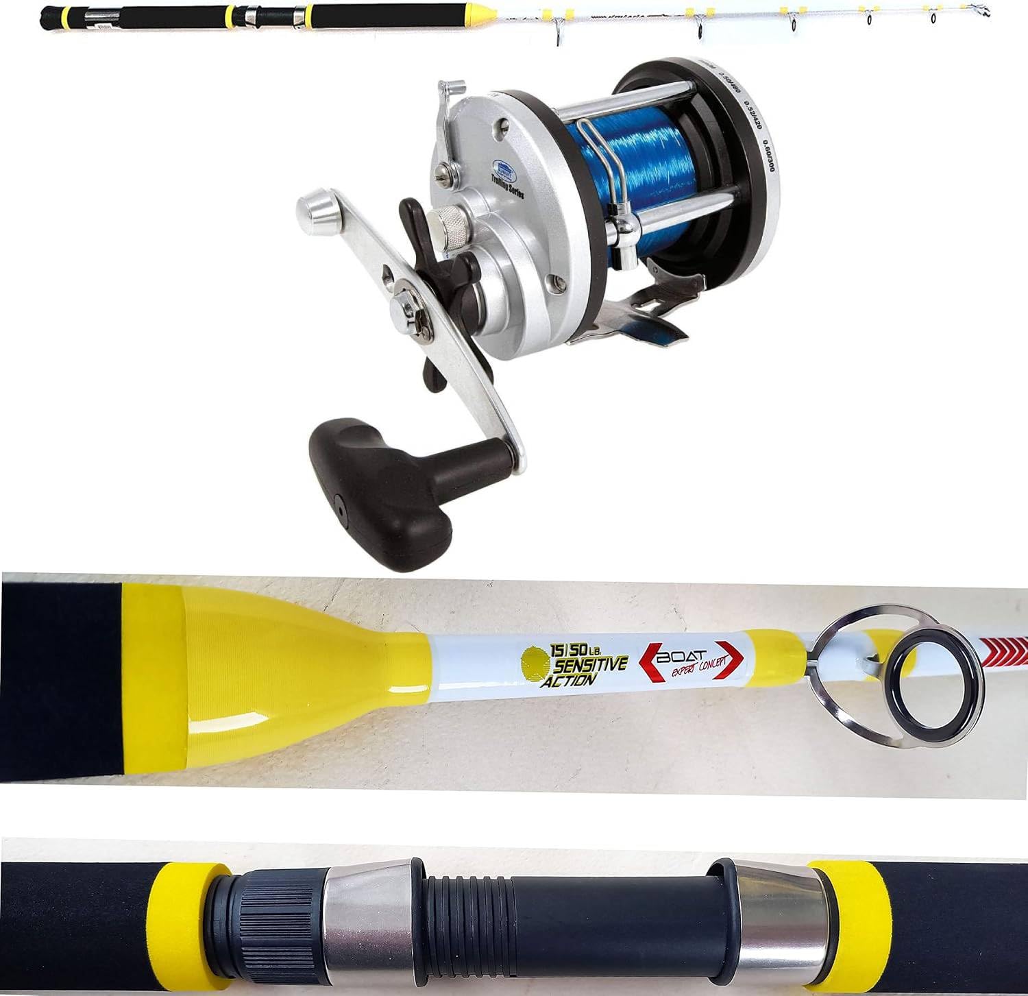 Kit Traina Pesca Tonno Dentice Ricciola Canna 15-50 Lbs Anelli Acid Sistem Mulinello Rotante Mare JD TROLLING 500