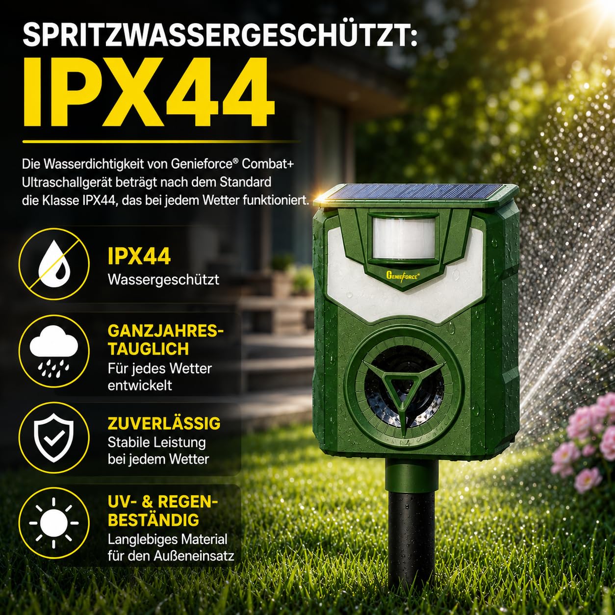 Genieforce® [2 Pack] Combat+ Smart Flammenlicht Ultraschall Tiervertreiber Tierabwehr Tierschreck gegen Katzen, Hunde, Marder, Fuchs, Vogel, Nager, Solar intelligente PIR-Sensoren - GF-BN-20