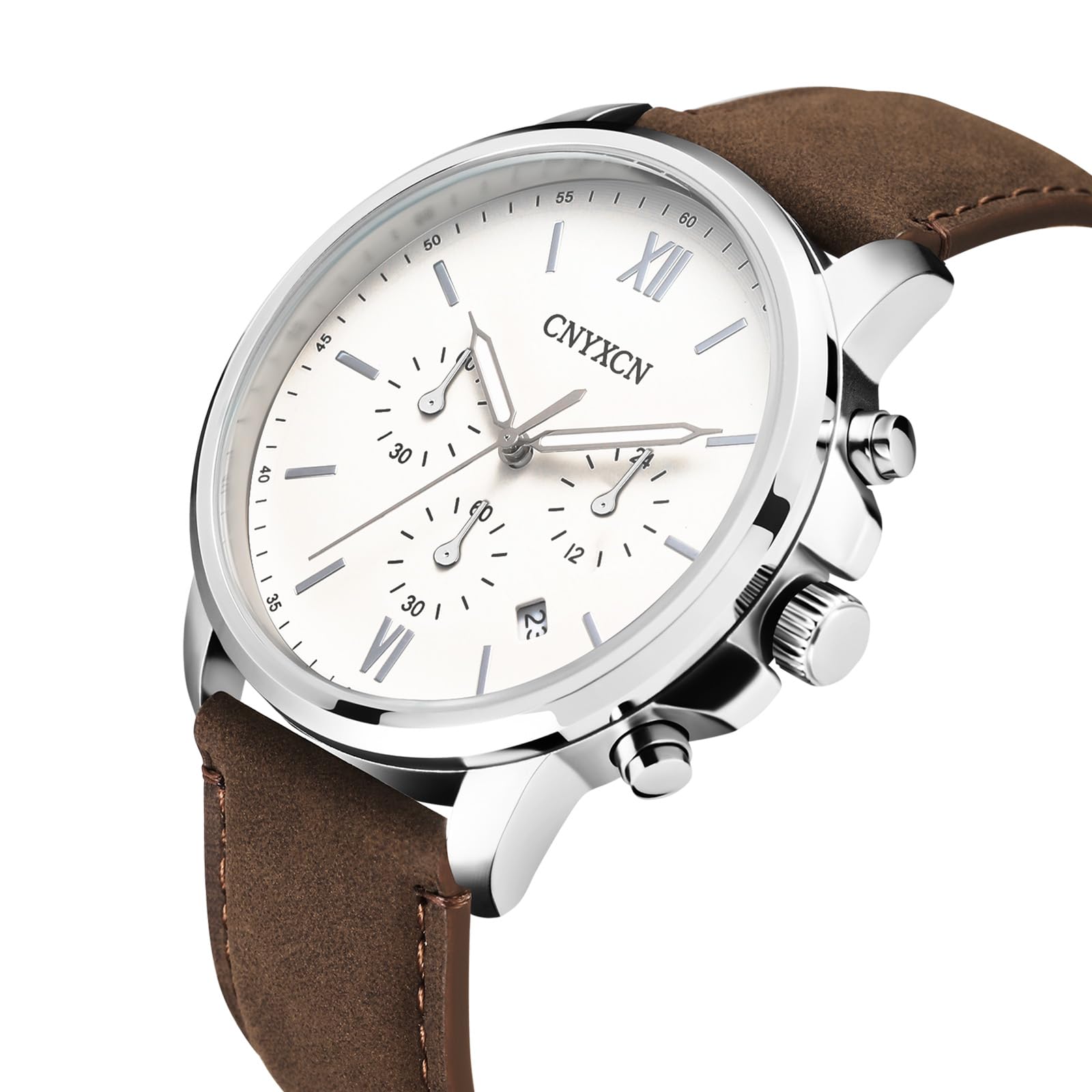 CNYXCN Watches for Men Classic 6 Hand Chronograph Quartz Watch with Leather Strap,Auto Date,Waterproof?White-Brown?