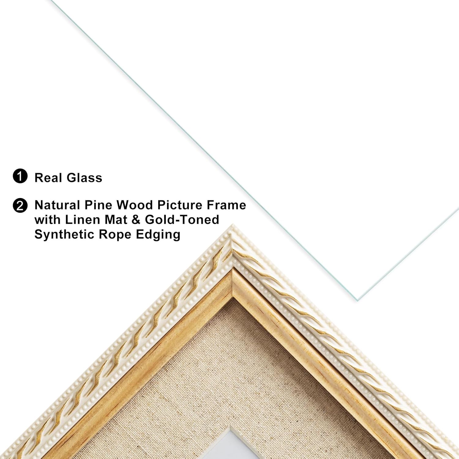 8x10 Picture Frame Pine Wood with Real Glass, Gold-Toned Synthetic Rope Edging, Linen Matted to 5x7, Vertical and Horizontal for Tabletop or Wall Hanging, Nature Brown
