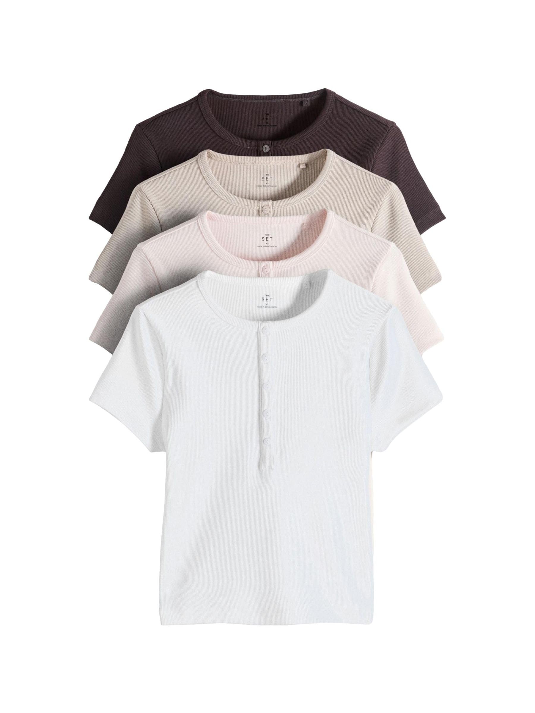 THE SET Femme T-Shirt côtelé à col boutonné et Manches Courtes, Lot de 4 | Coupe standard