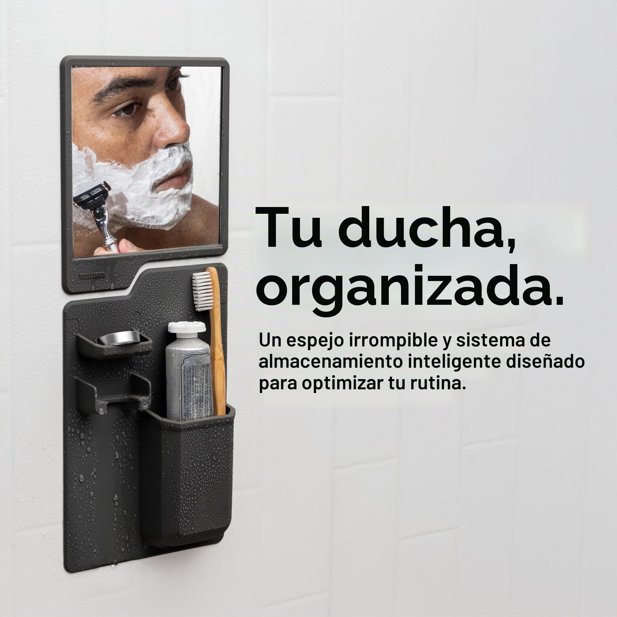 TOOLETRIES - The Harvey & Oliver Set- Soporte para cepillo de dientes y maquinilla de afeitar y espejo resistente a la niebla - Accesorio de ducha y baño de silicona - Cuenta con tecnología de agarre