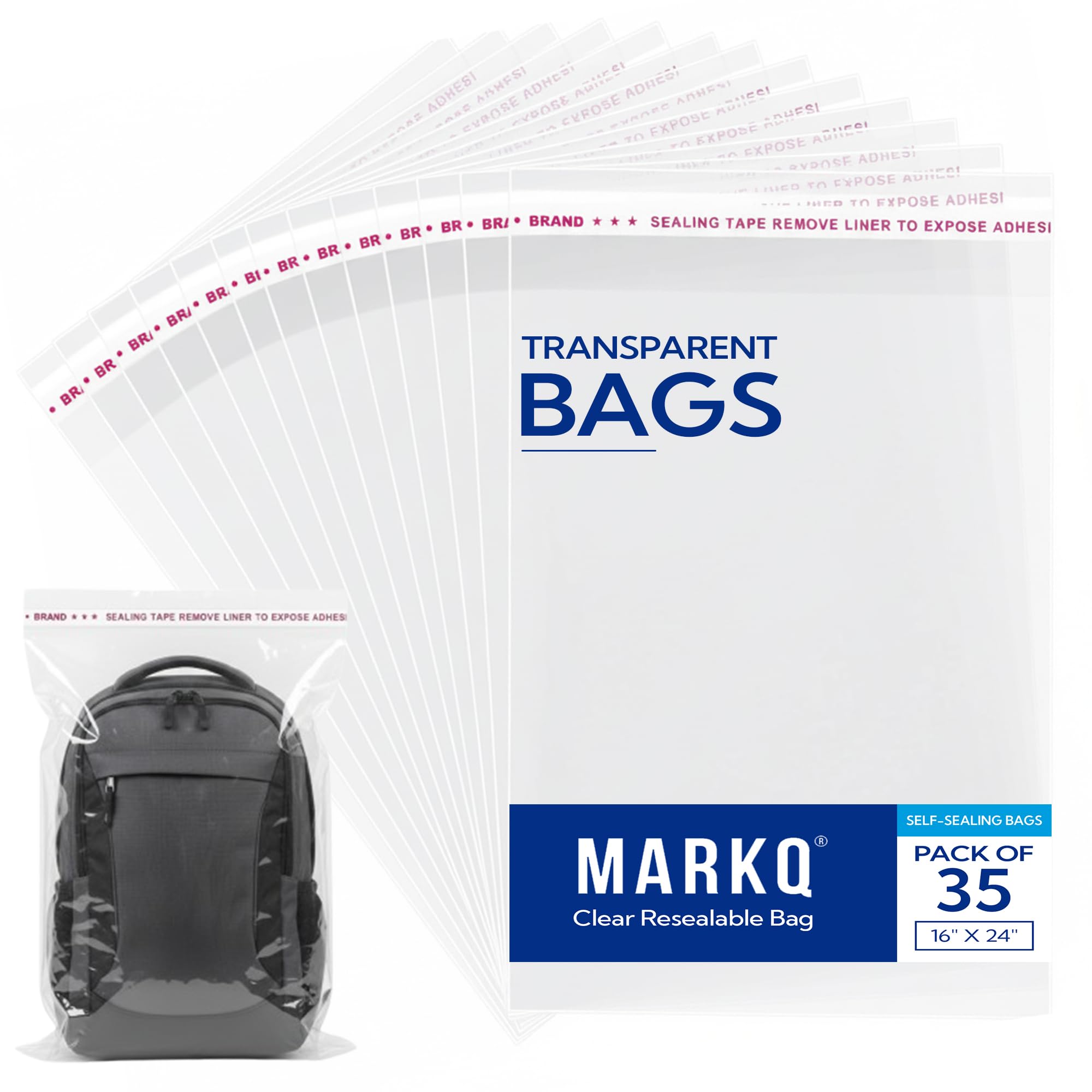 MARKQ [35 Pieces] Clear Resealable Poly Mailers Bag | 16 x 24 inches Self-Sealing Plastic Bags for Packaging, Shipping Blankets, Books, Food, and More | Cellophane Bags