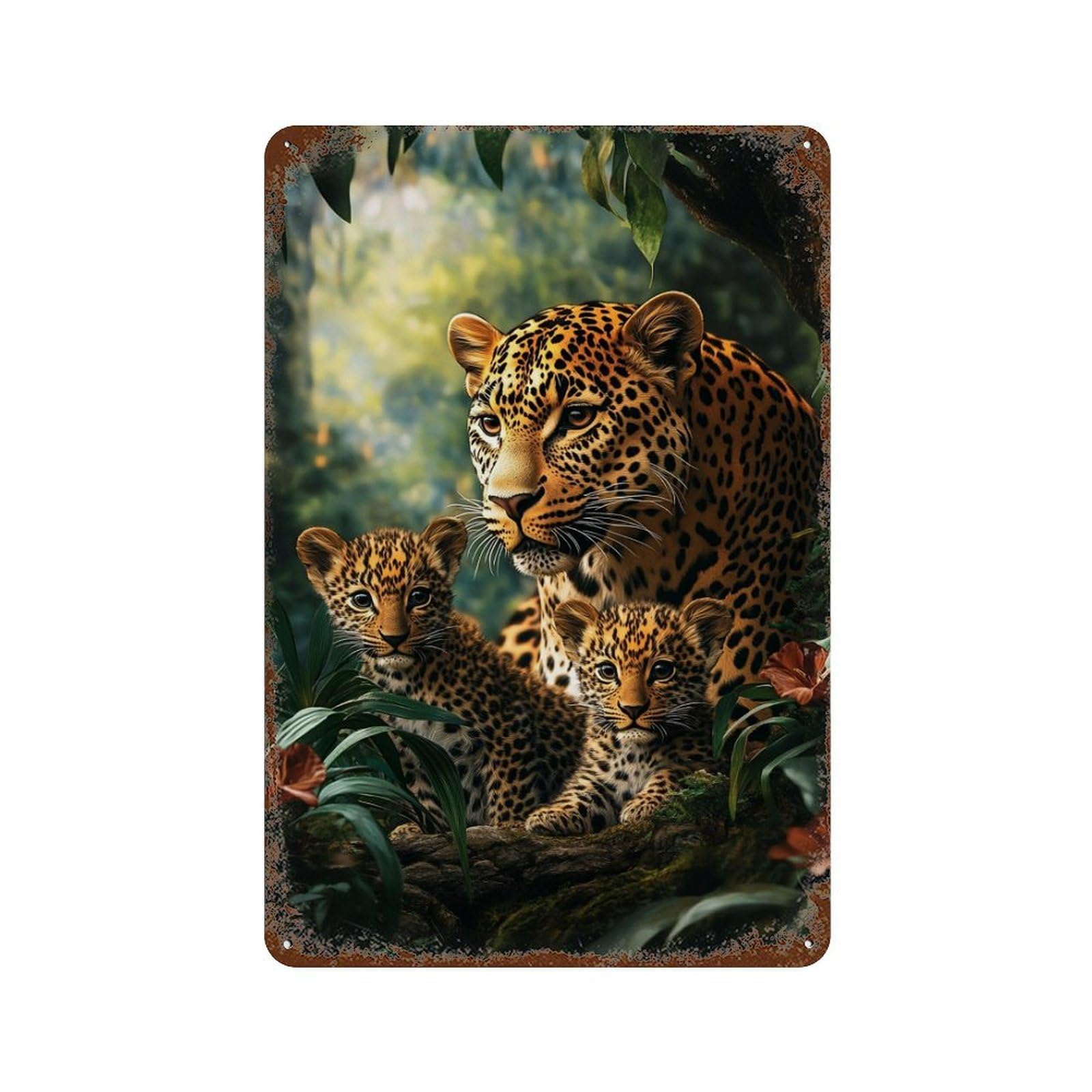 Aged Metal Wall Plaque with Leopard Family in Amazon Rainforest-2 Design 11.8"x7.9", for Shed, Workshop And Garage Wall Decor, Decorative Metal Wall Art