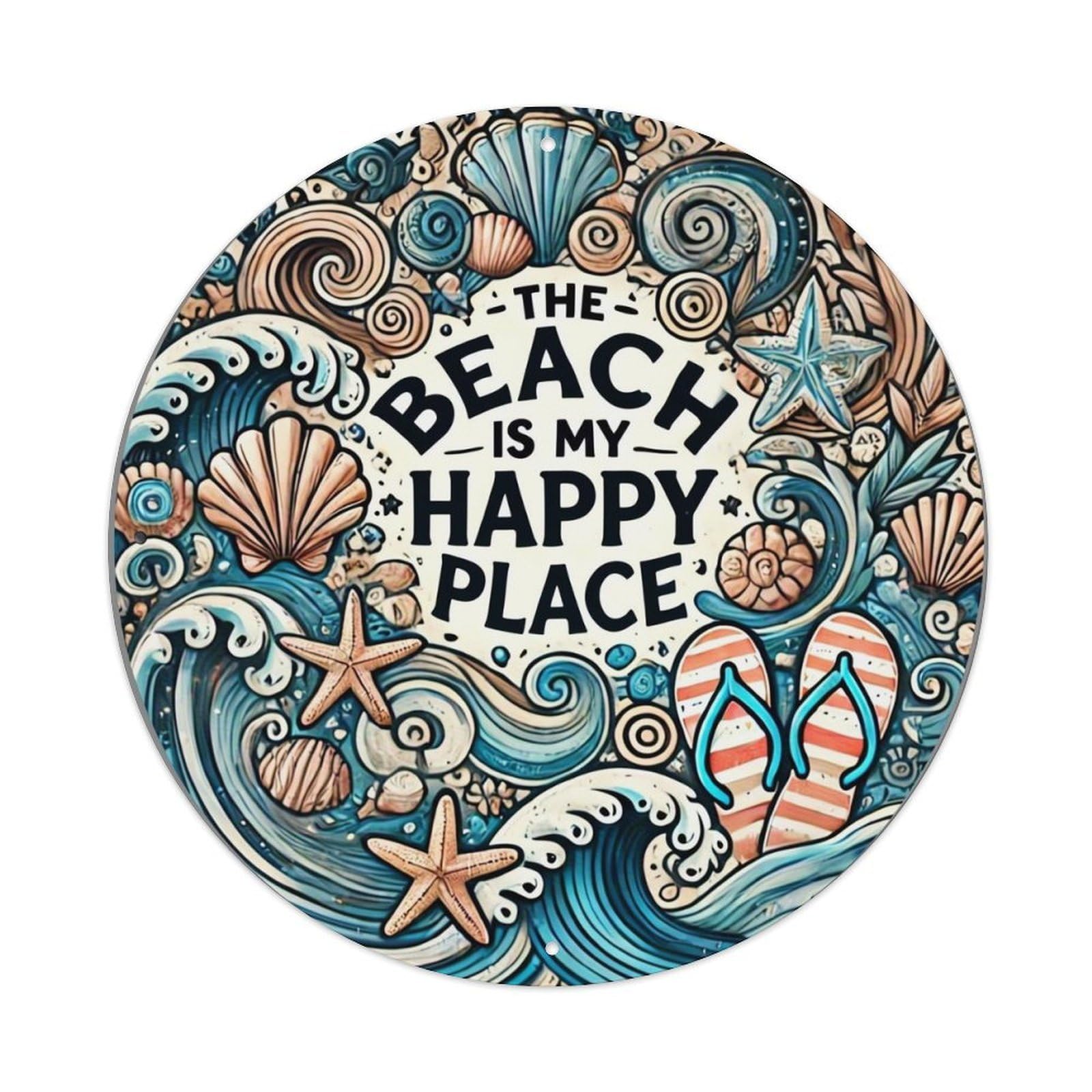 The Beach Is My Happy Place Vintage Metal Tin Sign Retro Wall Decor for Home Bar Garage Cafe, Indoor & Outdoor Decorative，circle Metal Poster, 8x8 Inch