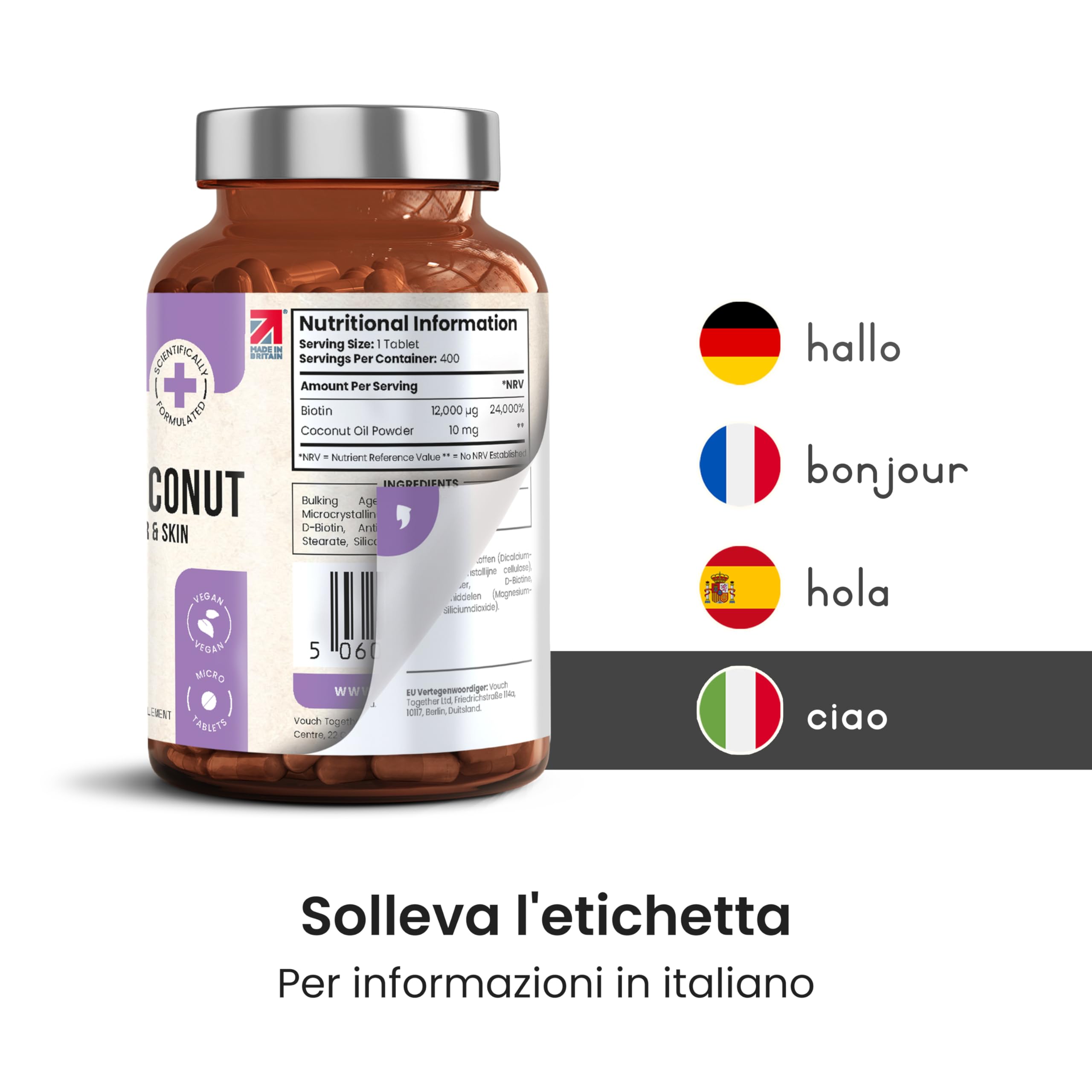 Biotina per Capelli, Pelle e Unghie | Alta Dose 12.000 µg Compresse | Fornitura per 1 Anno | Vitamina B7 Integratore per Crescita dei Capelli | Donna e Uomo | VitaBright
