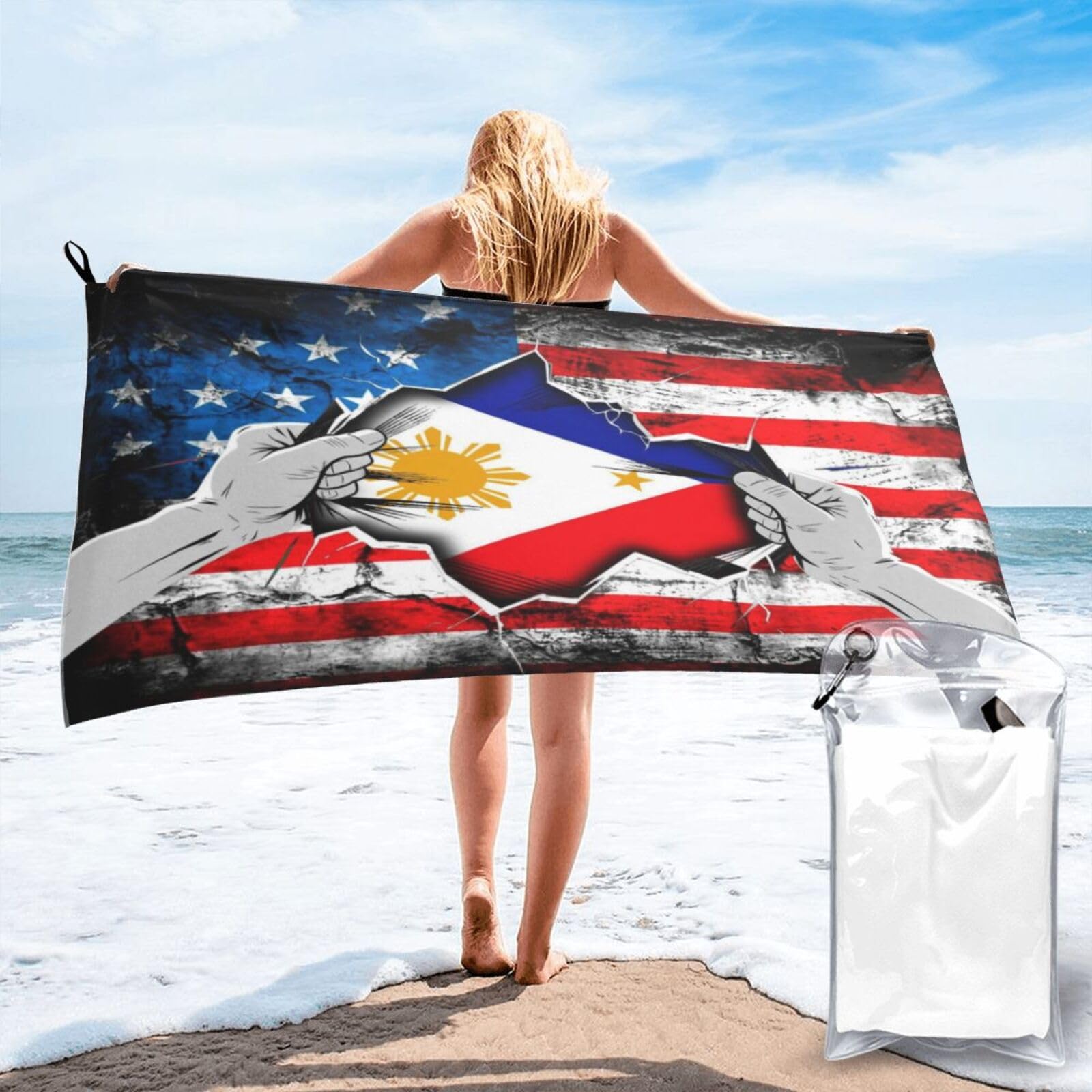 HACXZ American and Philippines Flag Vintage Beach Towel Lightweight Absorbent Beach Towel Microfiber 31.5"X63"