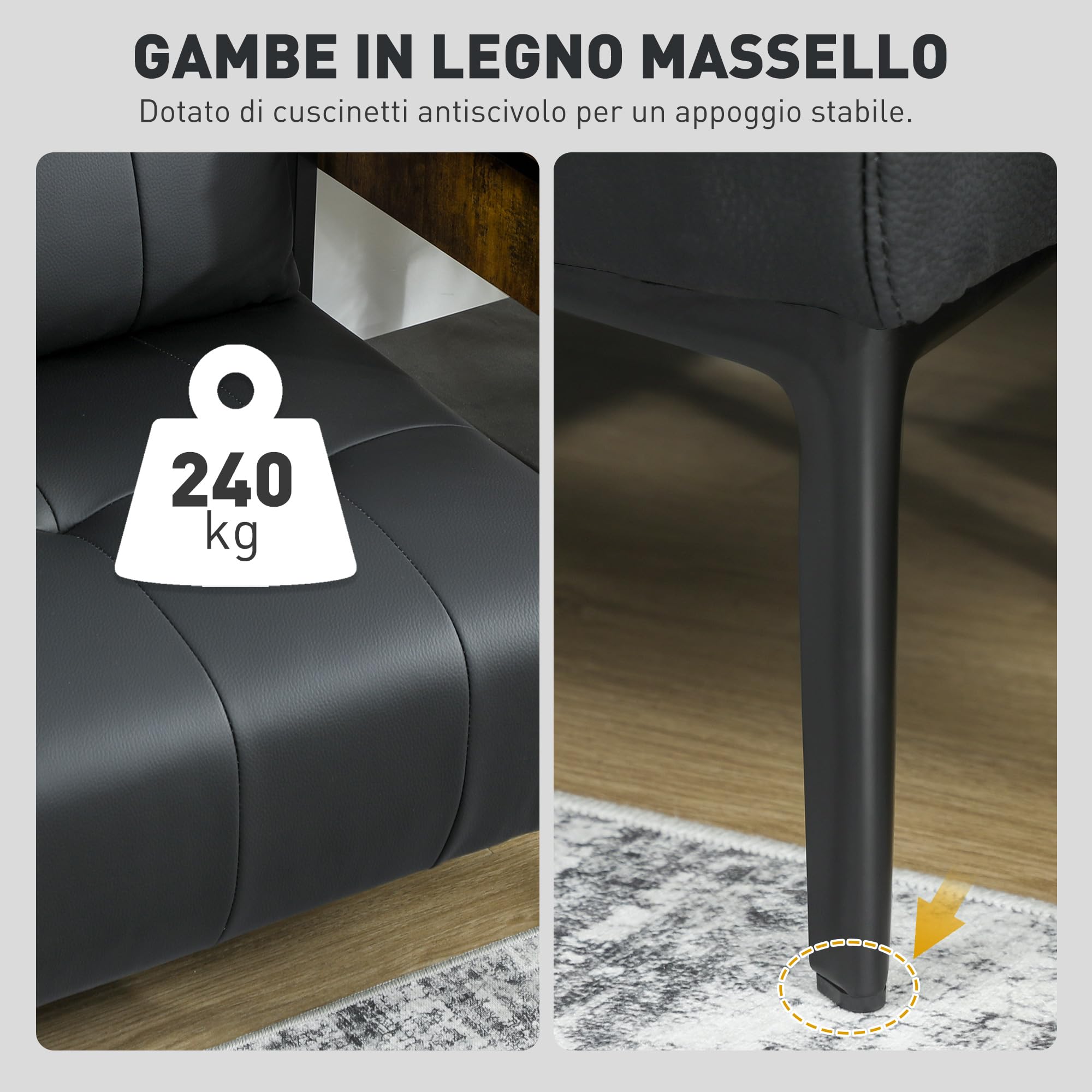 HOMCOM Divano 2 Posti Compatto in Finta Pelle, Divano Moderno Trapuntato a Bottoni con Imbottitura Spessa e Gambe in Legno, Divanetto Senza Braccioli per Salotto e Studio, 115x73x83 cm, Nero
