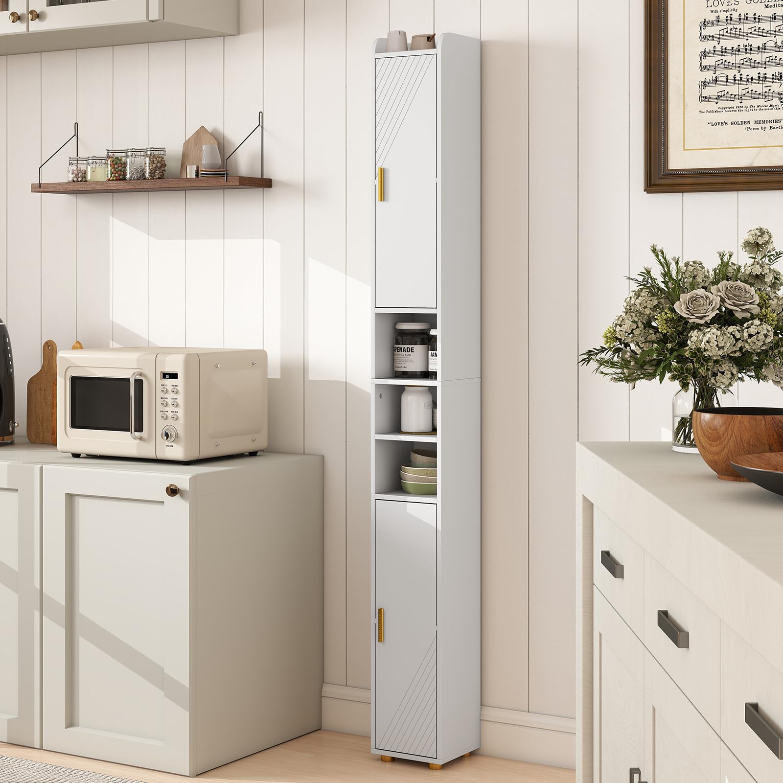 GIANTEX Armadietto da bagno da 179 cm, con 2 ante, 3 ripiani aperti, ganci e porta carta igienica, 20 x 20 cm, per ufficio, cucina e corridoio (3 ripiani, bianco)