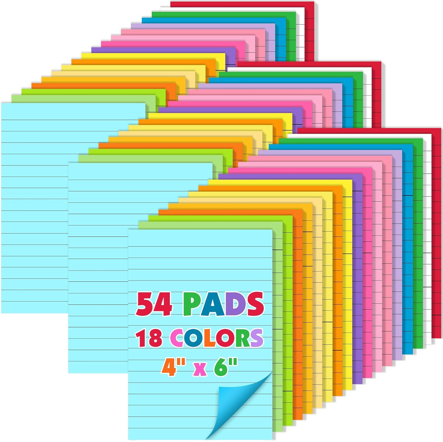 54 Pads Lined Sticky Notes, 18 Colors 4in x 6in Self Stick Note Pads, Strong Adhesive Sticky Note with Lines, Large Sticky Notes for School, Home, Office, 24 Sheets/Pad