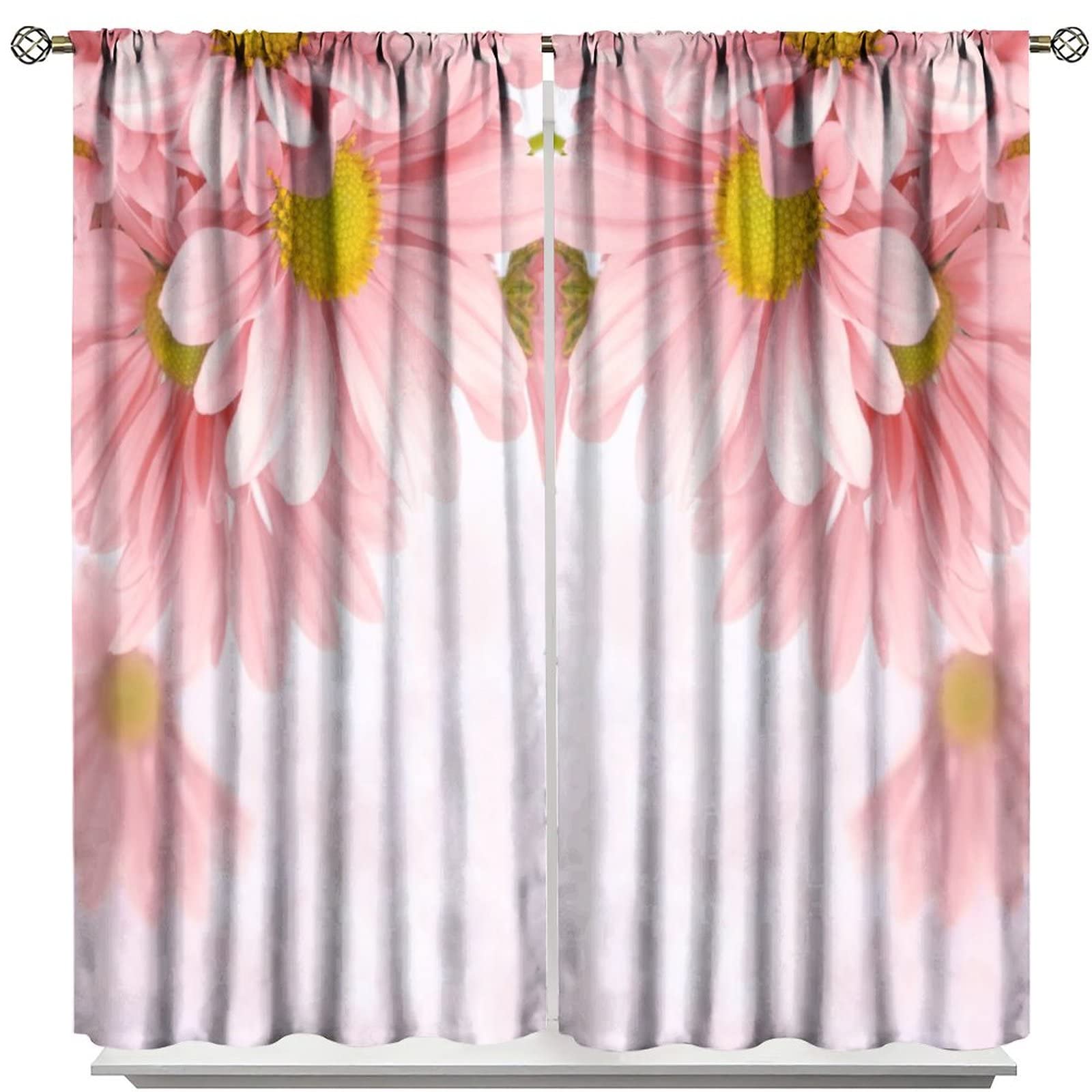 Pink Daisy Floral Bedroom Curtains,Farmhouse Country Beautiful Daisy Floral Flowers Theme Home Fabric Living Room Kitchen Bathroom Decor W72xL63in