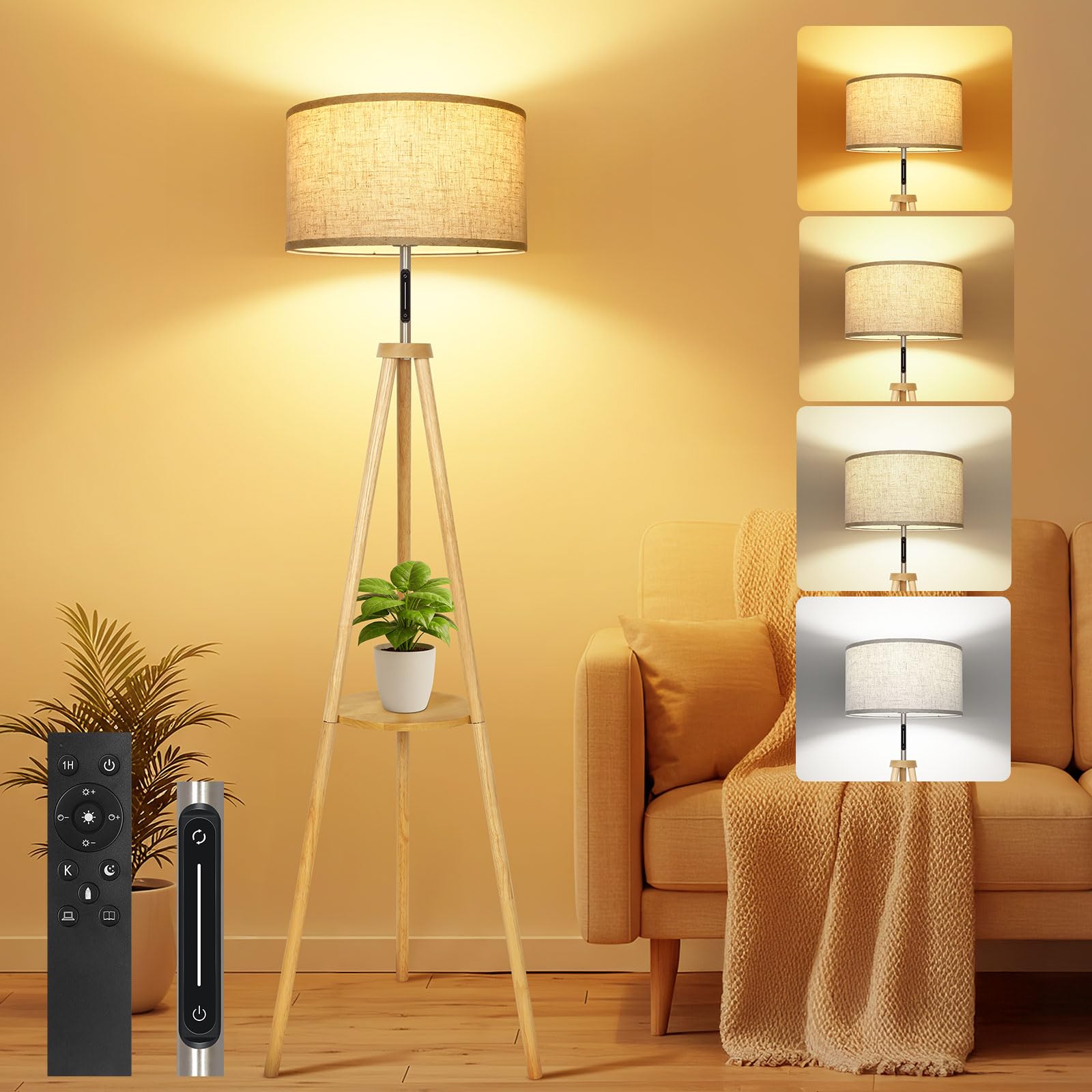 OUTON Solid Wooden Tripod Floor Lamp, Touch Control, Standing Lamp with Remote Control, Dimmable & 4 Color Temperatures, 1H Timer, Floor Lamp with Storage Shelf Linen Shade for Living Room Bedroom — image 1