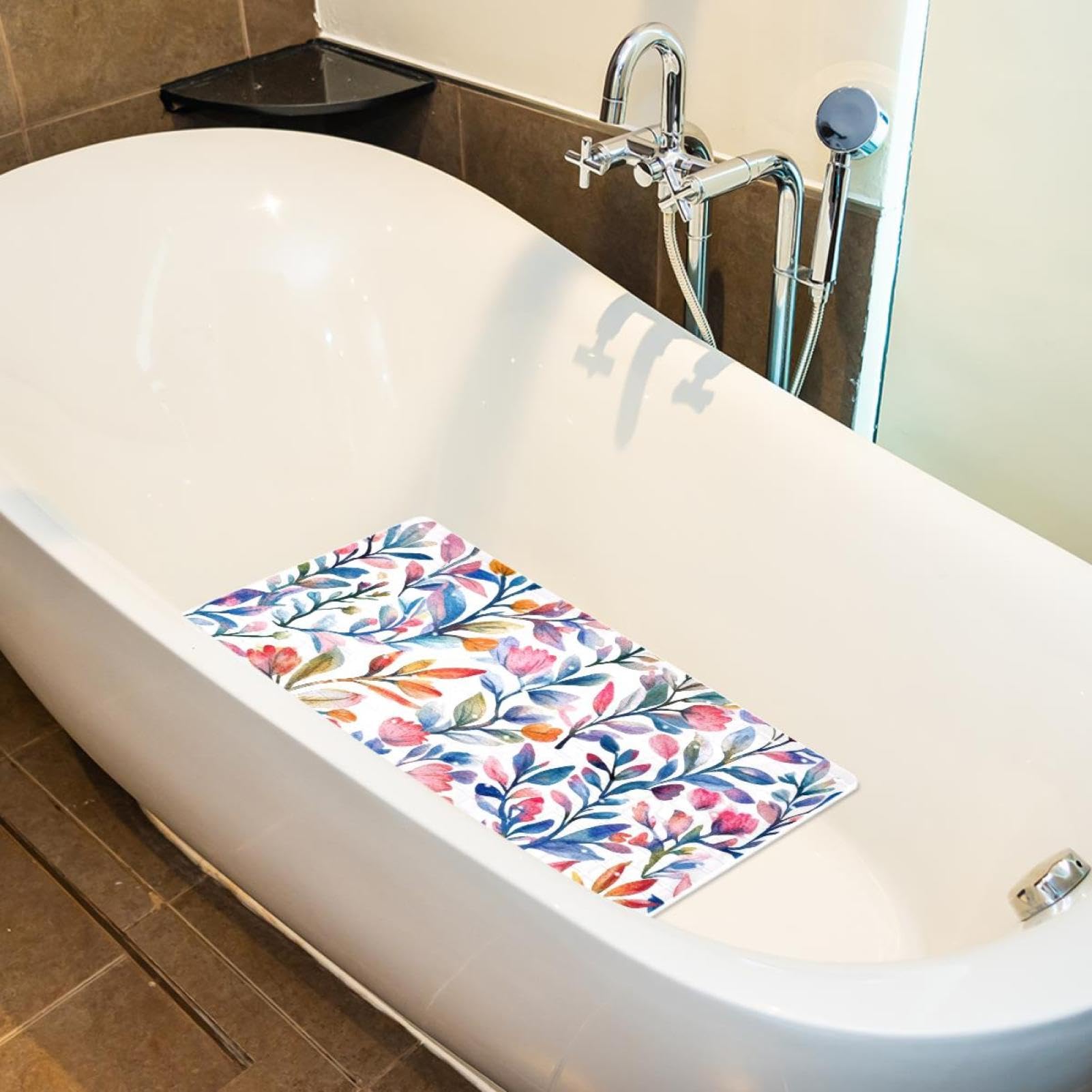 Badematten für die Badewanne, Motiv: duftende Kräuter, rutschfest, rechteckig, Duschmatte mit Saugnäpfen, maschinenwaschbar, Badezimmermatte, 39,9 x 70,9 cm