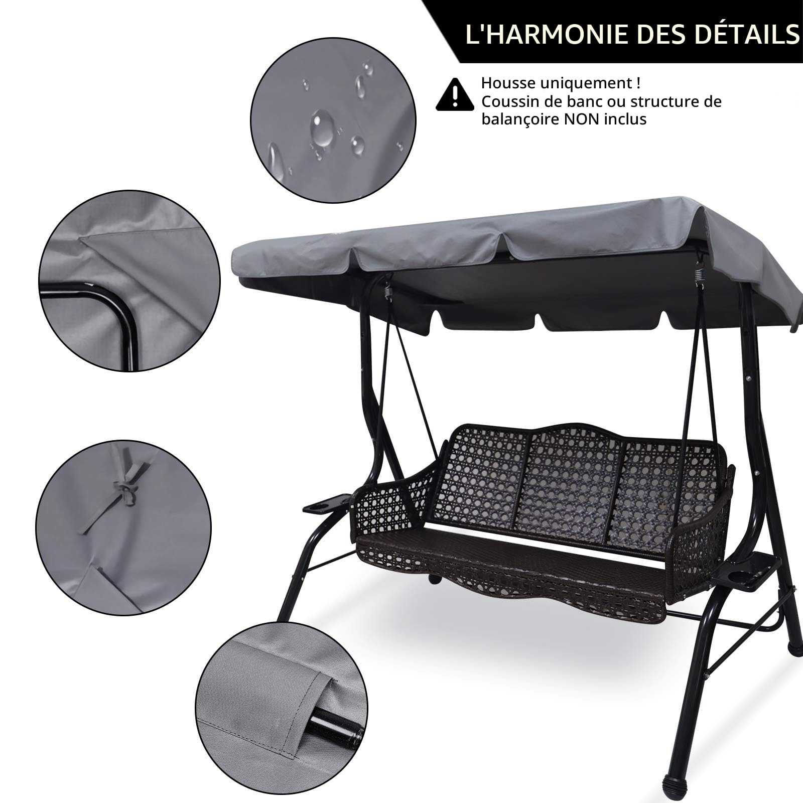 Toit de Rechange pour Balancelle de Jardin, Housse de Rechange, Toit de balançoire, Canopée pour Balancelle Remplacement de l'Auvent de Balançoire Extérieure pour Balançoire de Jardin 3 Places (S)