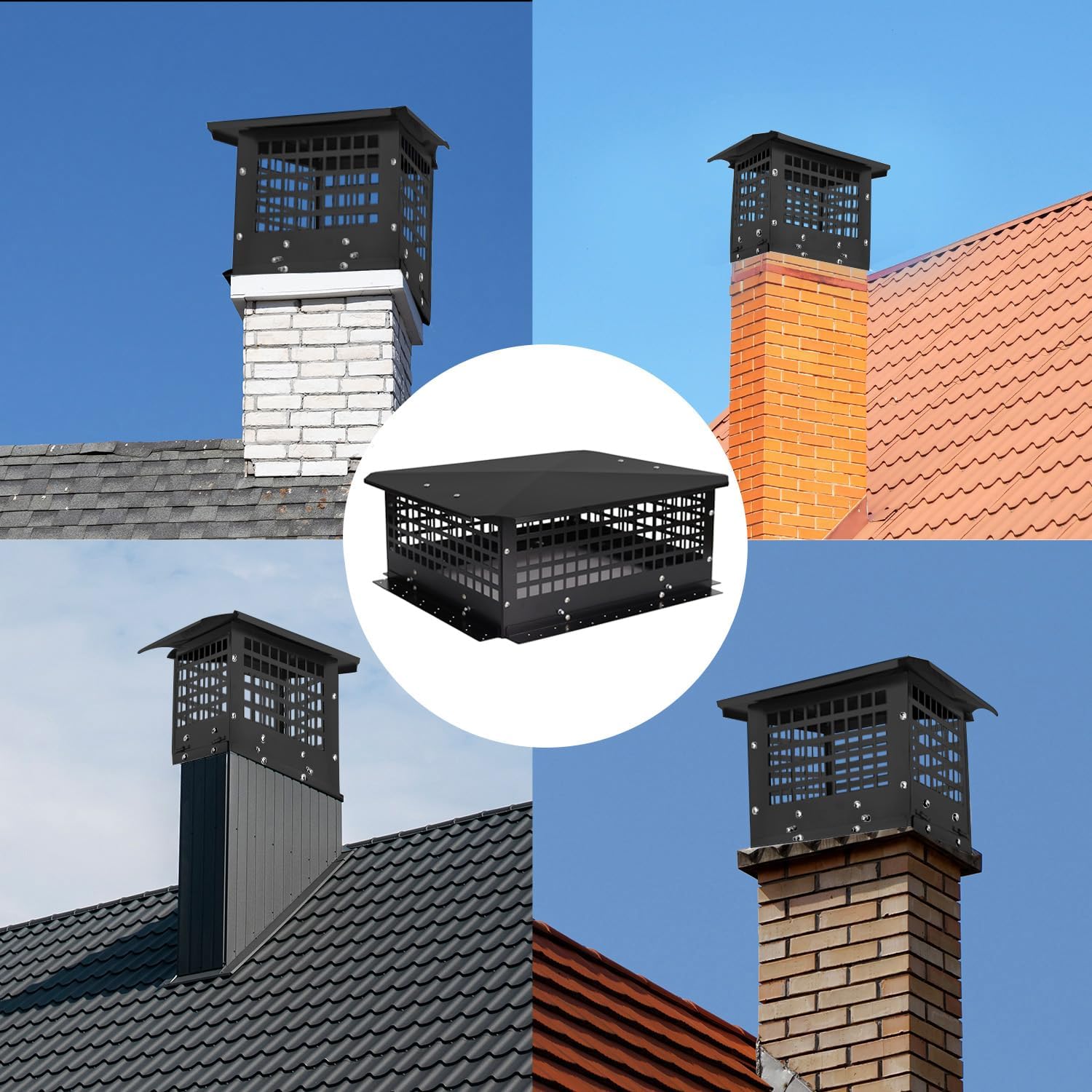 18" x 21" Chimney Cap, Chimney Cover Fireplace Chimney Flue Caps, Adjustable Metal Strips with Bolts Screws Black (18" x 21")