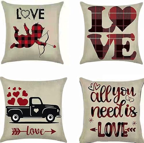Juego de 4 fundas de almohada del día de San Valentín de 18 x 18 pulgadas, fundas de cojín decorativas, para el día de San Valentín, decoraciones de