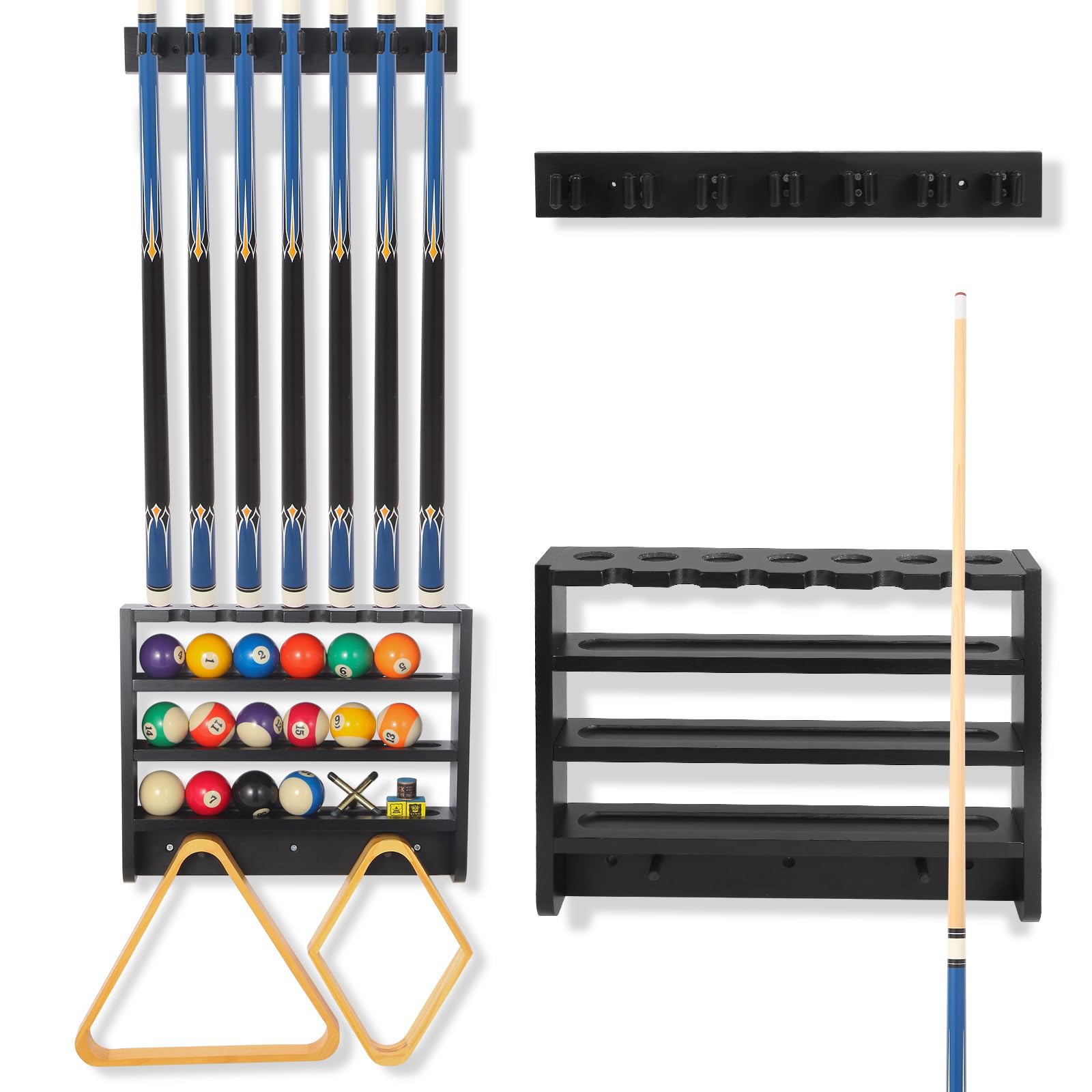 Billmart Supporto da parete per bastone da biliardo, 8 stecche in legno massello da biliardo, accessori per tavolo da biliardo (nero