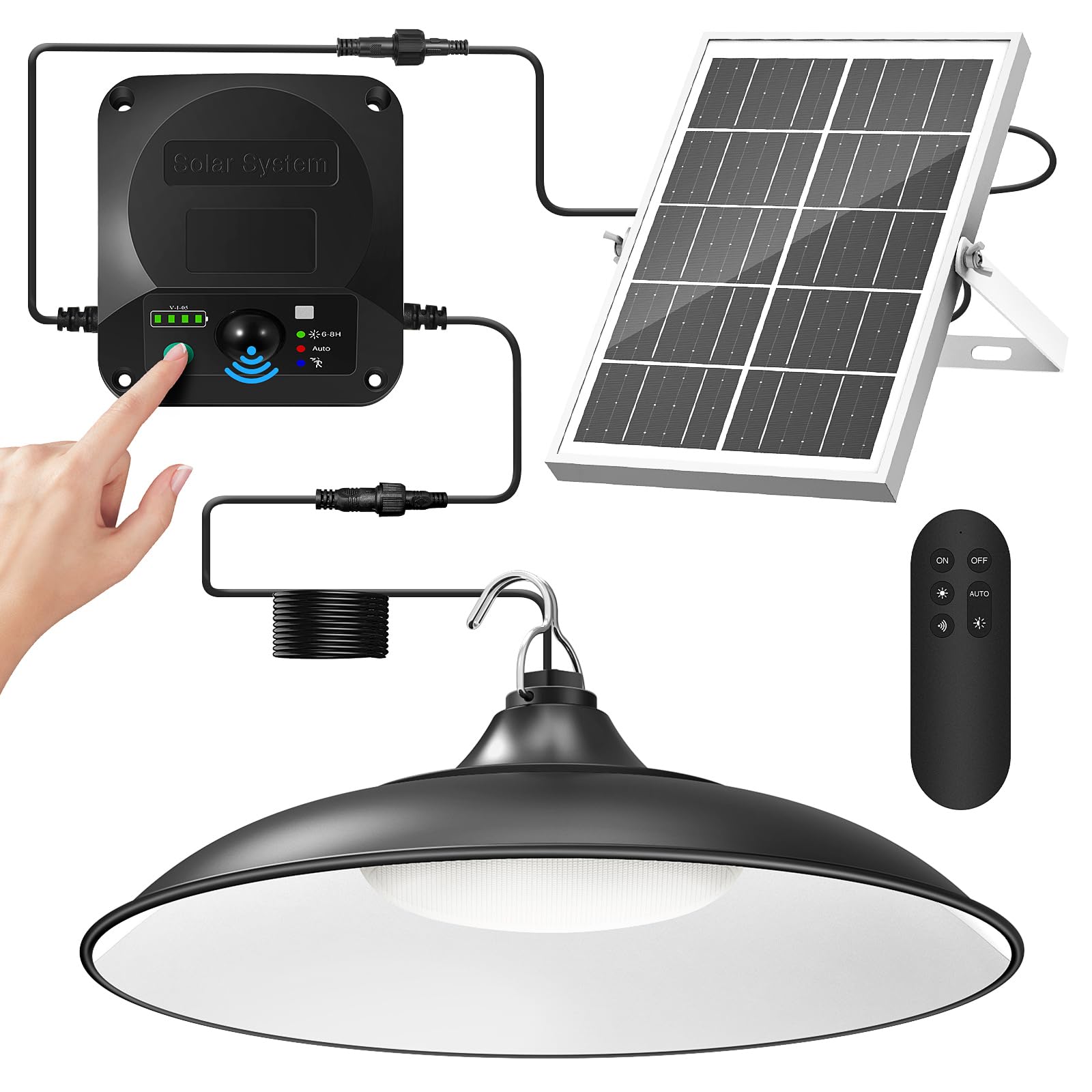 Solar Shed Light Indoor Outdoor, 2000LM Daytime Available Motion Sensor Pendant Light, Solar Indoor Lights with 4 Lighting Modes Remote Control for Barn, Patio, Gazebo, Shop, Garage