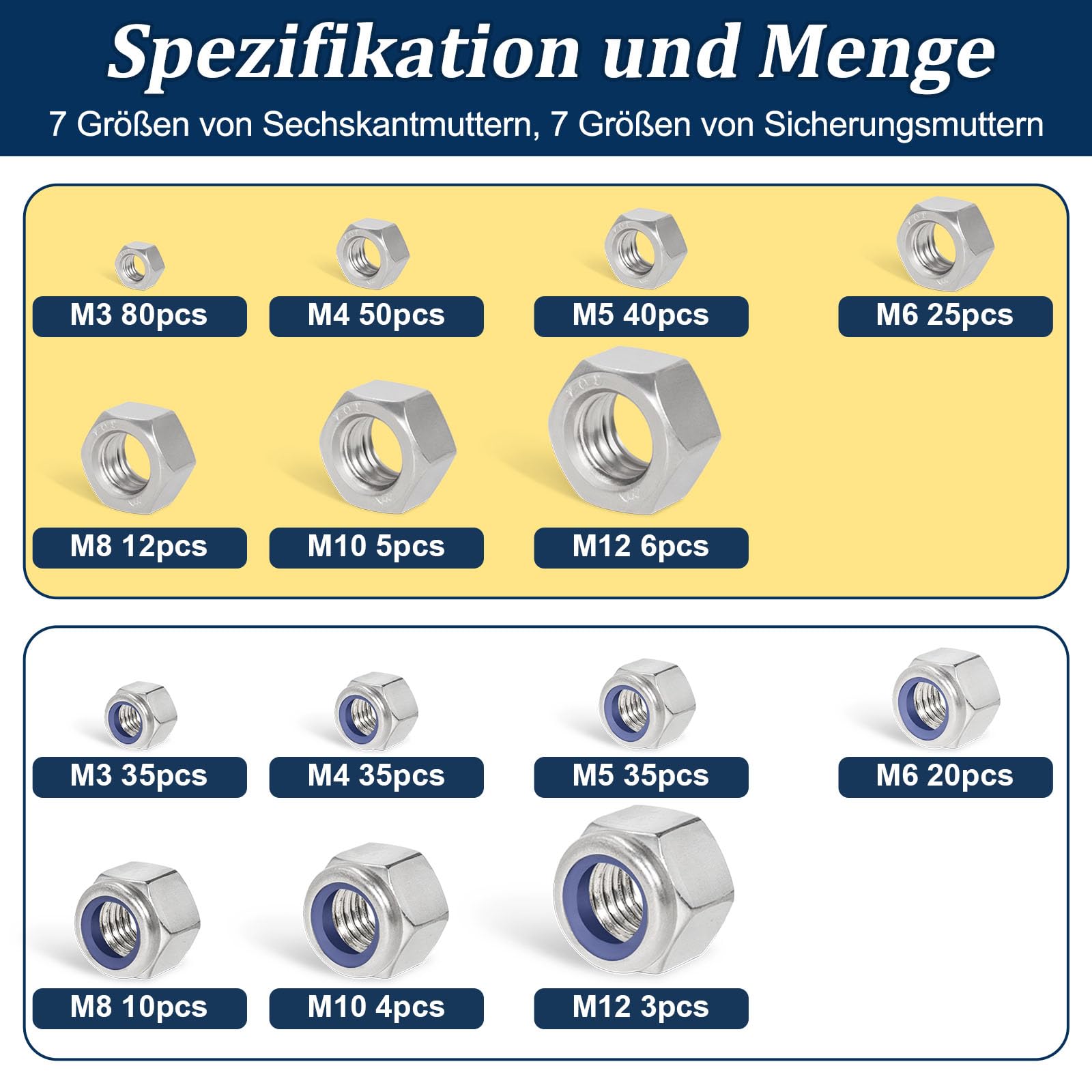 Sortimentssatz für metrische Sechskantmuttern und Kontermuttern (360 Stück), M3, M4, M5, M6, M8, M10, M12, verschiedene Sechskantmuttern-Sets aus Edelstahl, helles Finish