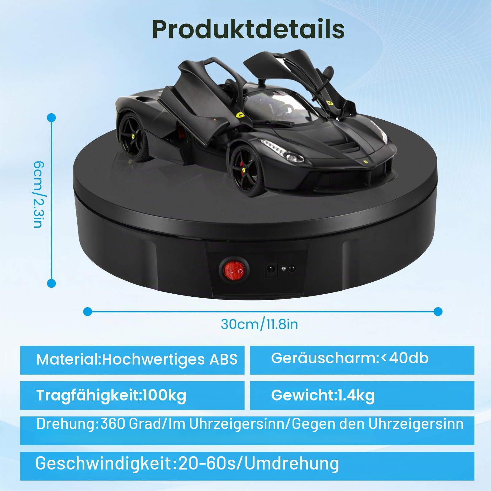 Elektrischer Drehteller, 100KG 30CM Drehscheibe Elektrisch, Elektrischer Drehteller mit Fernbedienung Einstellbare Geschwindigkeitsrichtung Mit 5-Farbiger Hintergrundtafel für Fotografie
