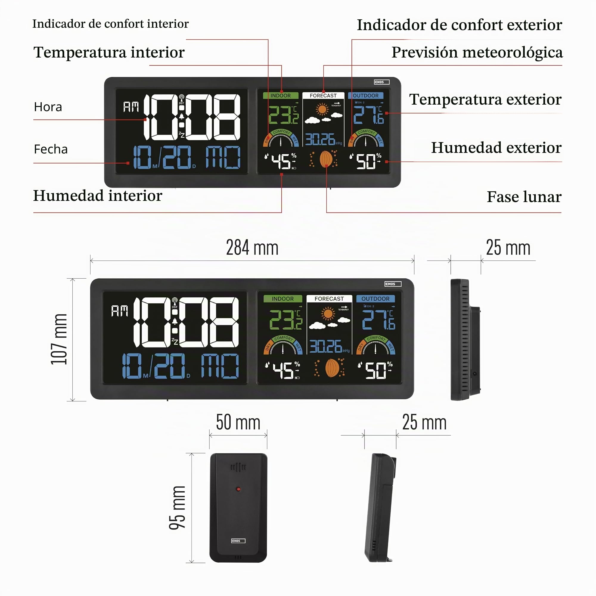 EMOS - Estación meteorológica con 2 pantallas LCD - Sensor inalámbrico (2x AA) - Tecnología Comfort View - Previsión meteorológica, temperatura, humedad, calendario, hora, despertador - Cable de