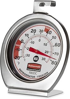 Rubbermaid Commercial Refrigerator Freezer Thermometer - NSF Stainless Steel Dial, 20-80°F Extreme Range, Shatterproof Lens