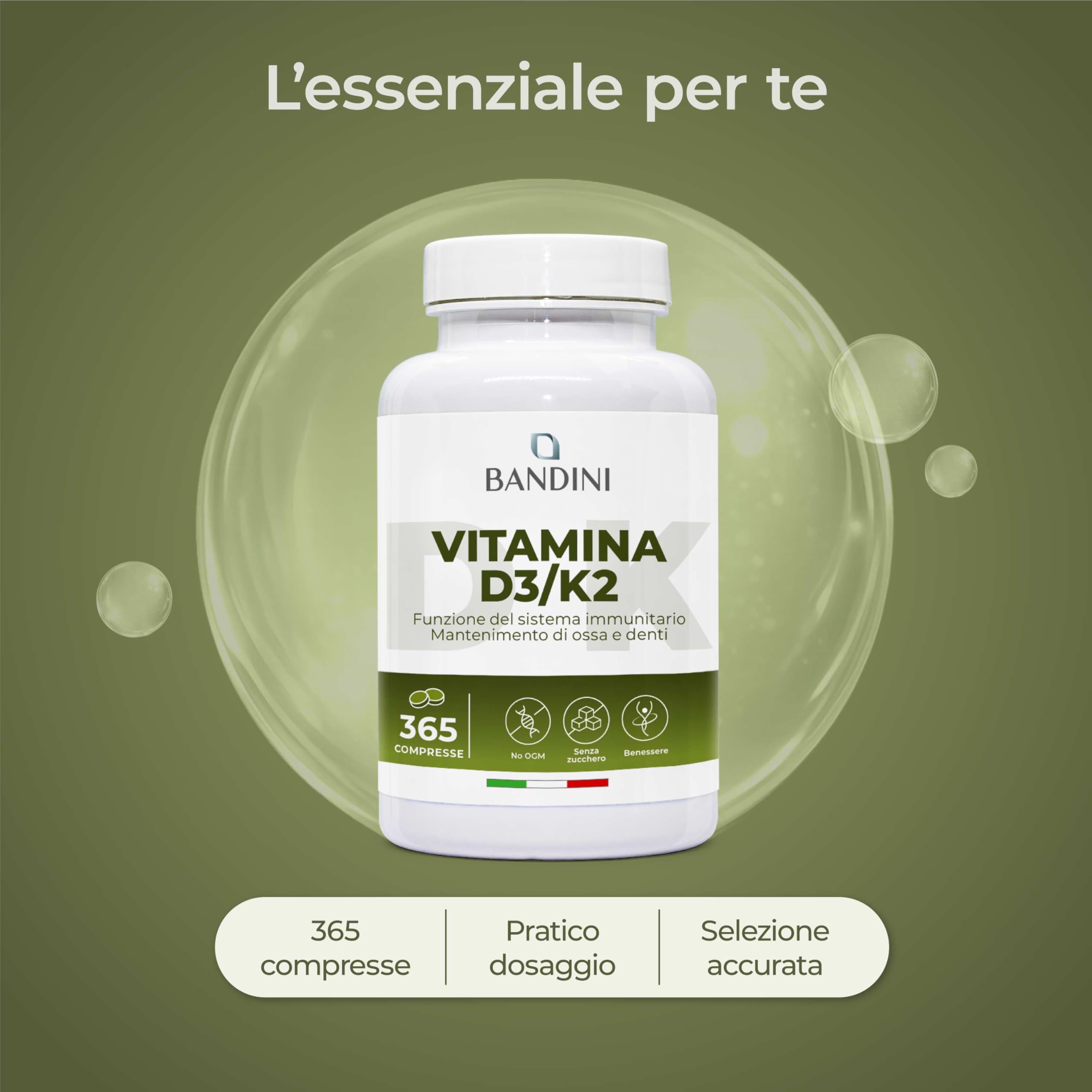 Bandini® Vitamina D3 K2 | 365 COMPRESSE (12 Mesi) | Vitamina D 2000 UI + 200 mcg Vitamin K | Vitamine MK-7 99% All Trans Vit D3+K2 | Per Ossa, Denti, Muscoli, Articolazioni & Sistema Immunitario