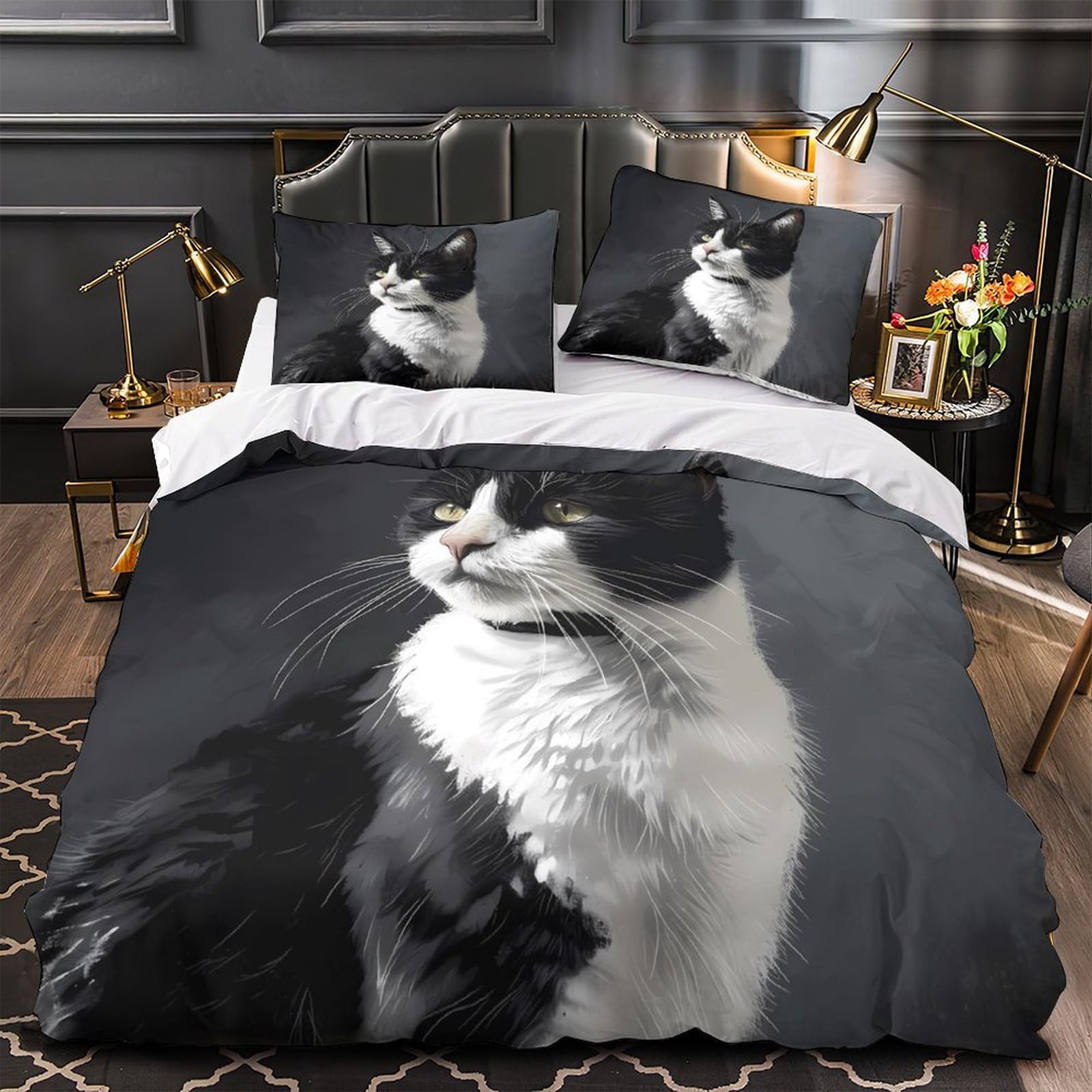 Housse de couette imprimé chat 3D parure de lit douillette pour chambre d'amoureux