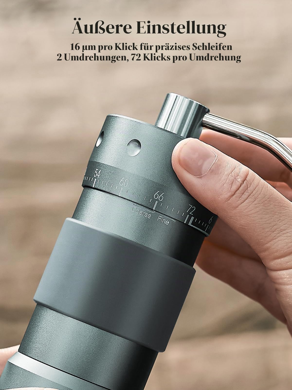 Manuelle Kaffeemühle mit 16μm externer Mahlgradeinstellung, Präzisionsmühle für Espresso & Pour Over, CNC Edelstahl-Kegelmahlwerk, Aluminiumgehäuse, Bohrmaschinen-kompatibel, Grau