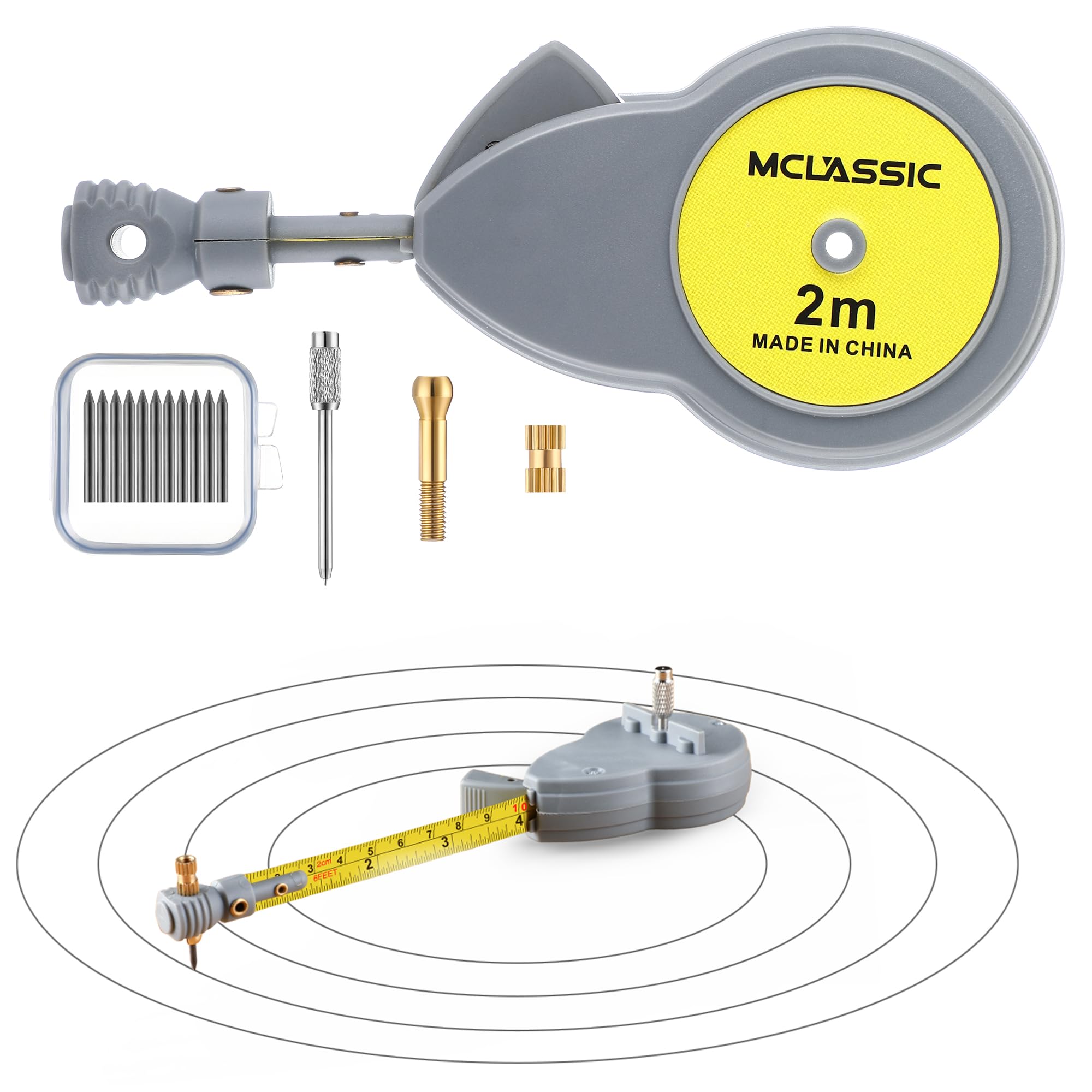 Dreyoo 6.56 ft Rotape Tape Measure Compass with 10 Pencil Leads, Measure Beam Compass for Drawing Circles and Lines, Fixable Button Circle Drawing