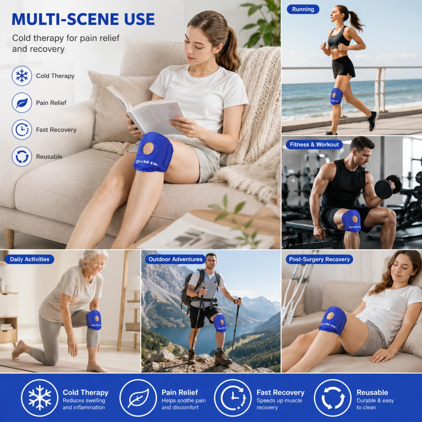Knie-Eispack-Gel wiederverwendbar für Wärme- und Kältetherapie, Knie-Eis-Kompressionsbandage zur Schmerzlinderung, Schwellungen, Sportverletzungen, Prellungen, Kompresse, 24,9 x 16,5 cm, Hellblau