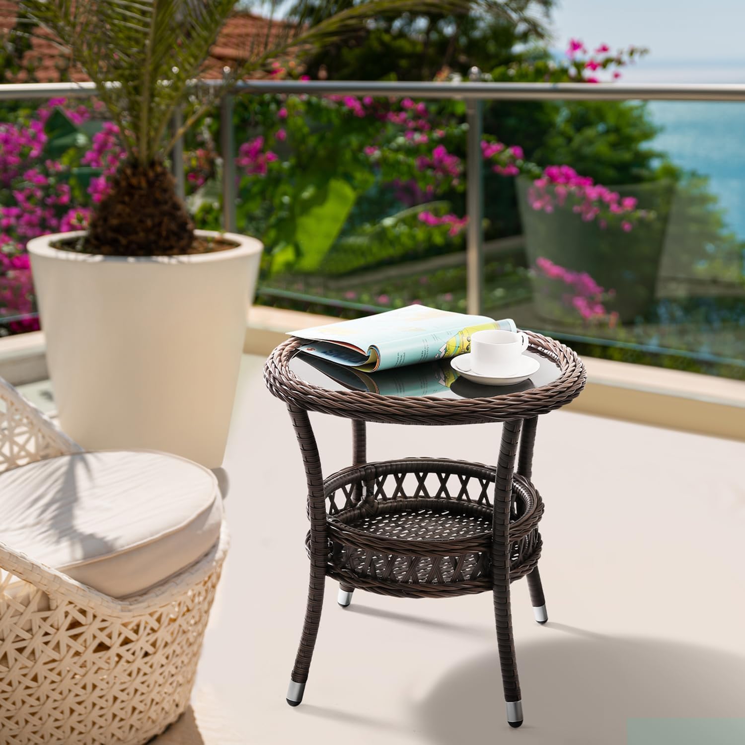 Outdoor Side Table Wicker Outdoor End Table for Patio Rattan Side Table for Outside Brown Patio Coffee Table with Storage & Glass Table Top Round for Backyard Porch