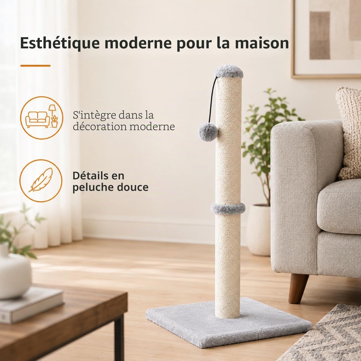 Dimaka Griffoir pour chat de 73,7 cm de haut, corde en sisal recouvert de peluche douce et lisse, griffure verticale [pleine strectch], design moderne de 73,7 cm de hauteur (gris)