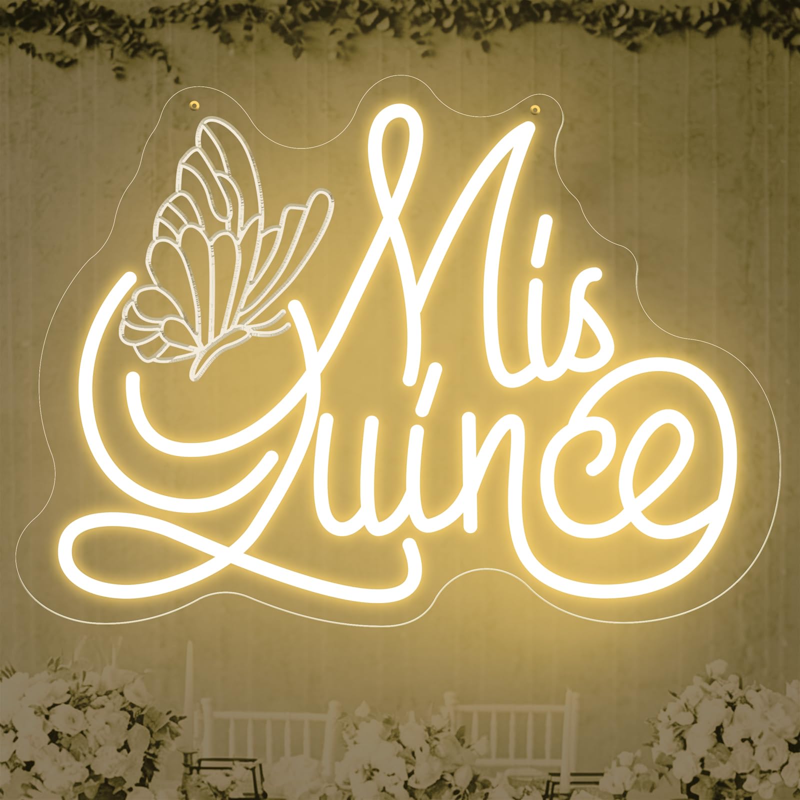Large Mis Quince Neon Sign with Engraved Butterfly Design 20.5″ × 14.8″